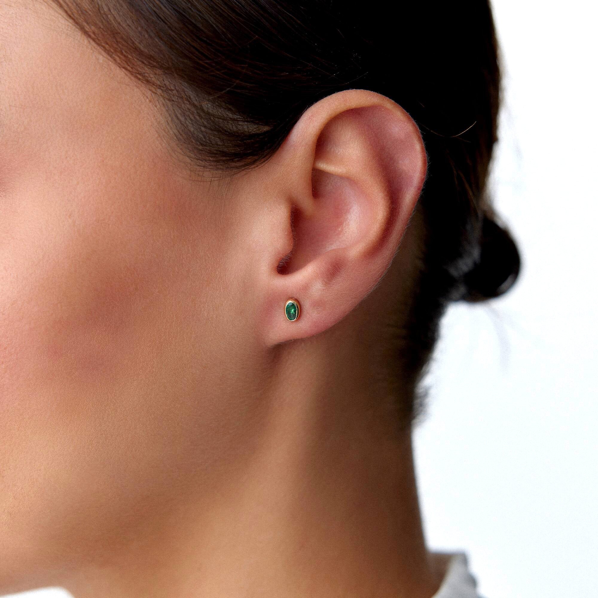 Oval Cut Emerald Stud Earrings Available in 14K and 18K Gold