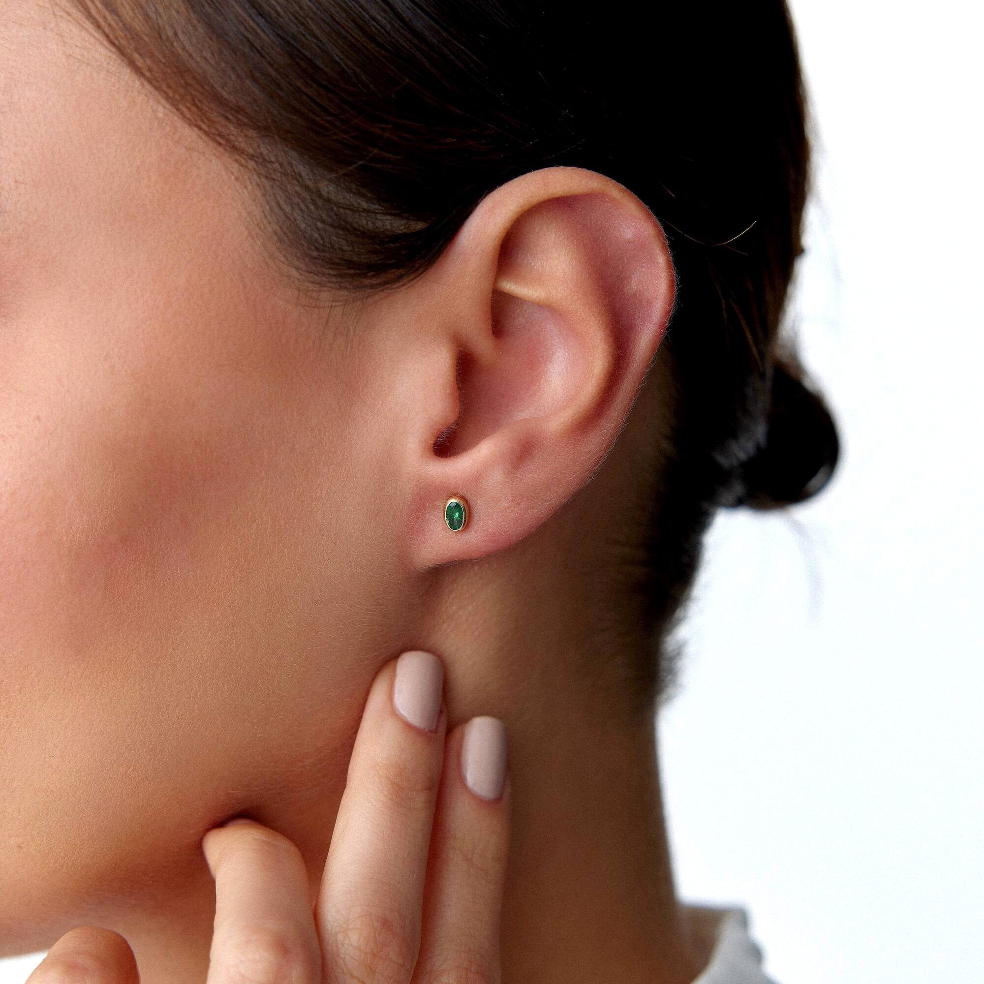 Oval Cut Emerald Stud Earrings Available in 14K and 18K Gold