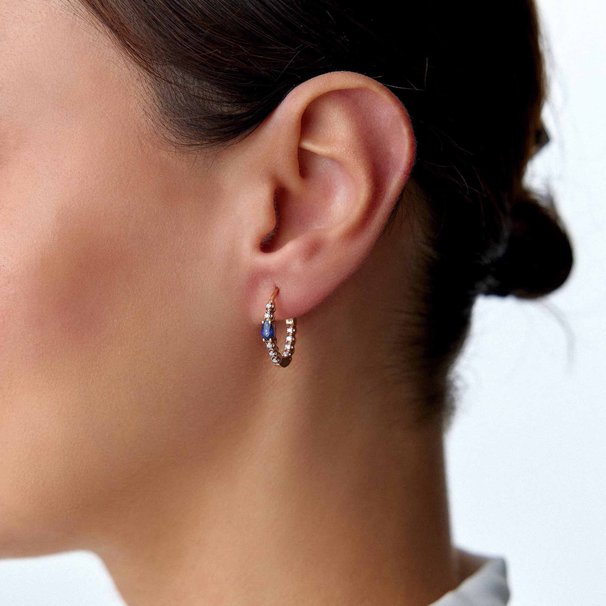 Oval Cut Blue Sapphire and Diamond Hoop Earrings Available in 14K and 18K Gold