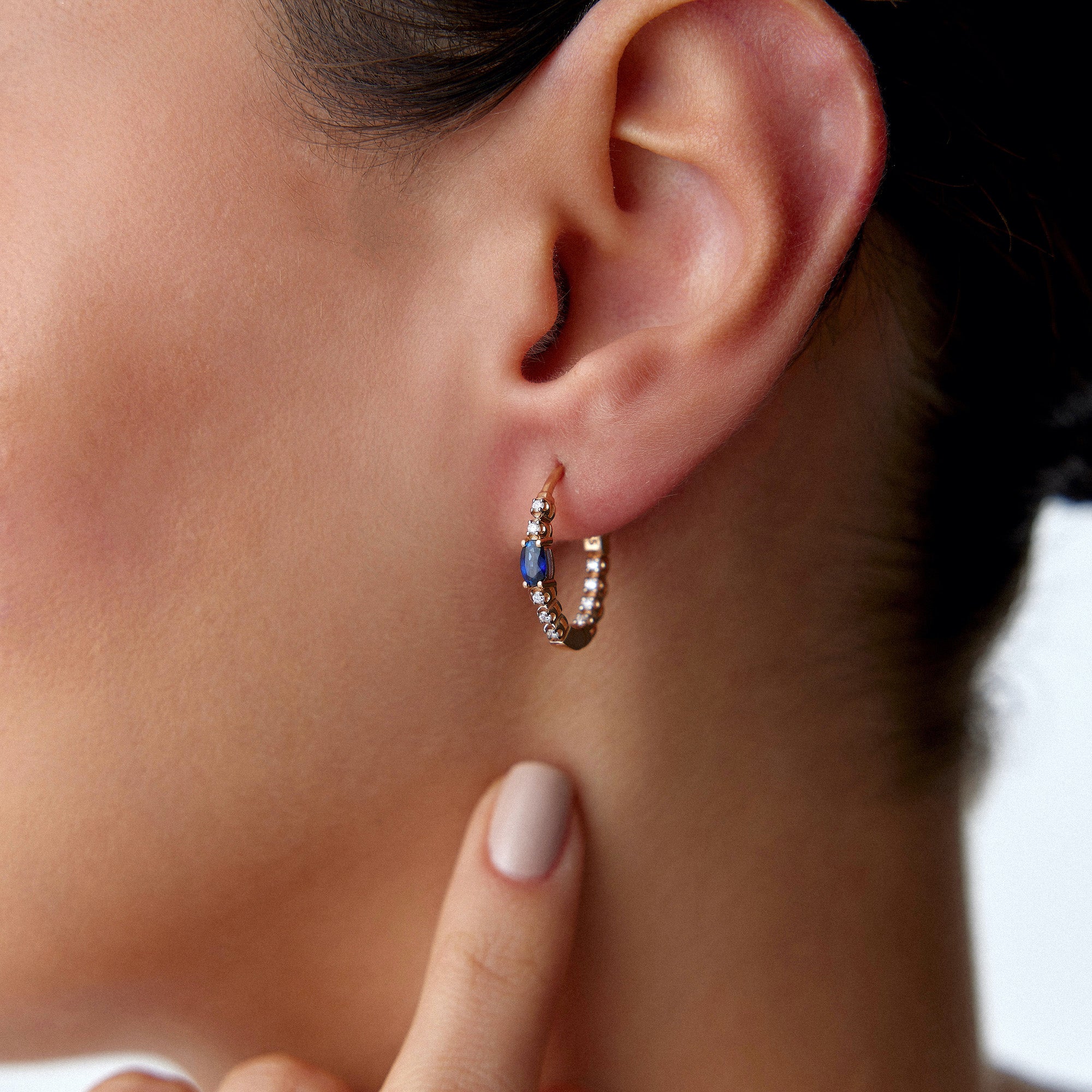 Oval Cut Blue Sapphire and Diamond Hoop Earrings Available in 14K and 18K Gold