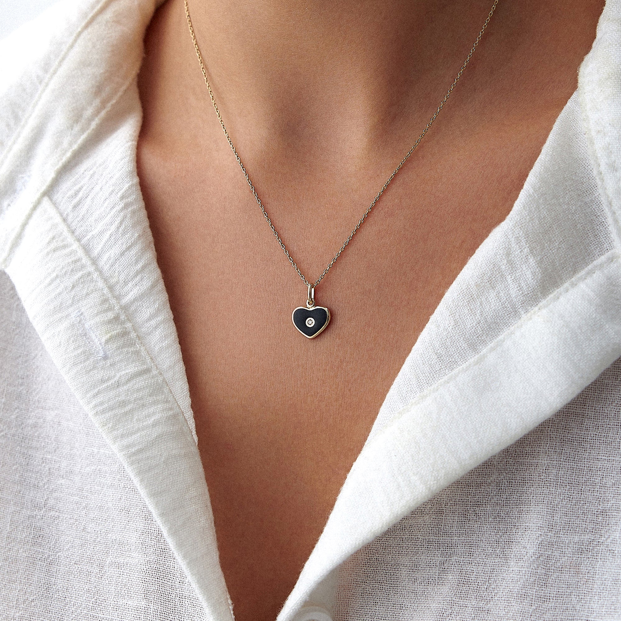 Mini Inlaid Diamond Black Heart Necklace in 14K Gold