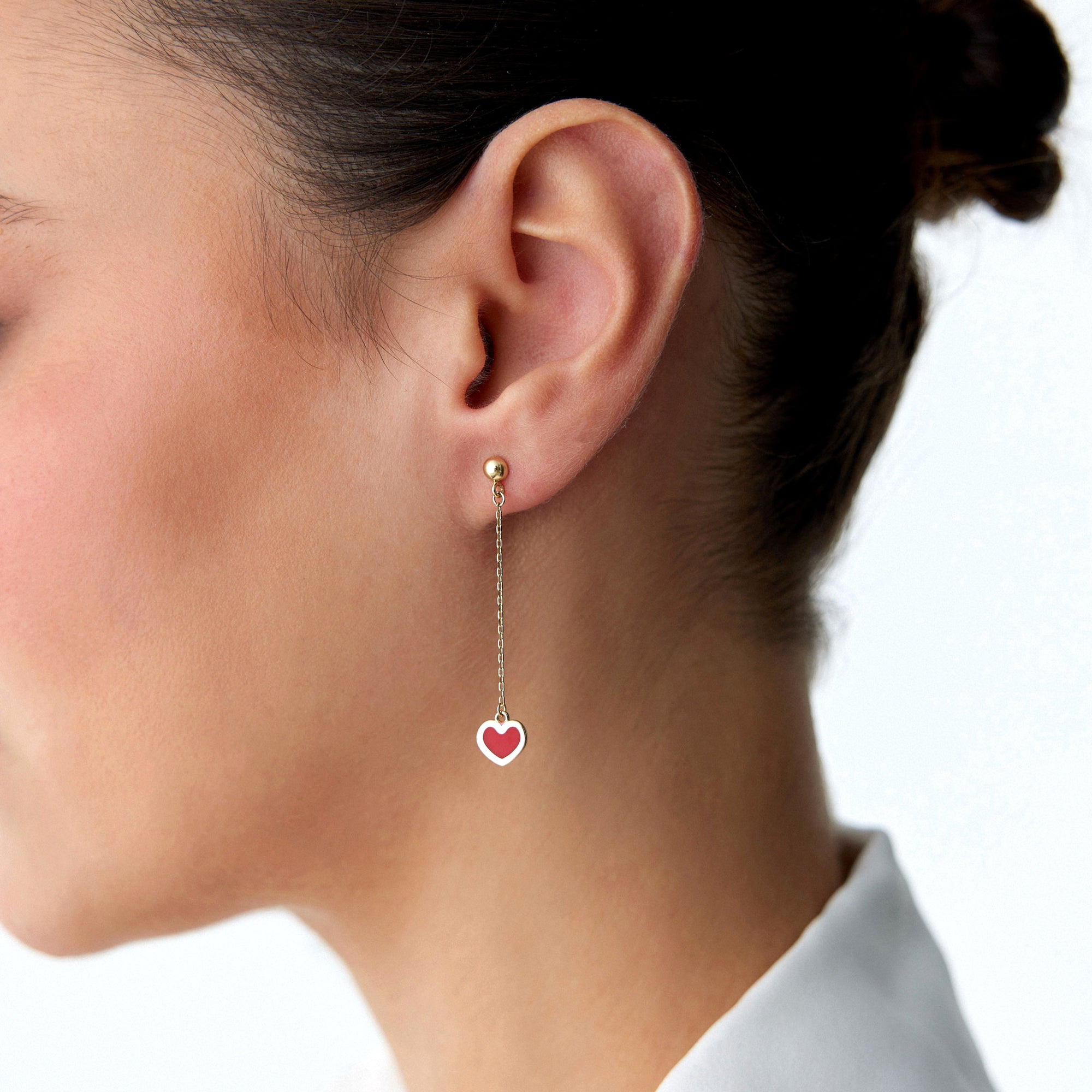 Mini Dangle Red Heart Stud Earrings in 14K Gold