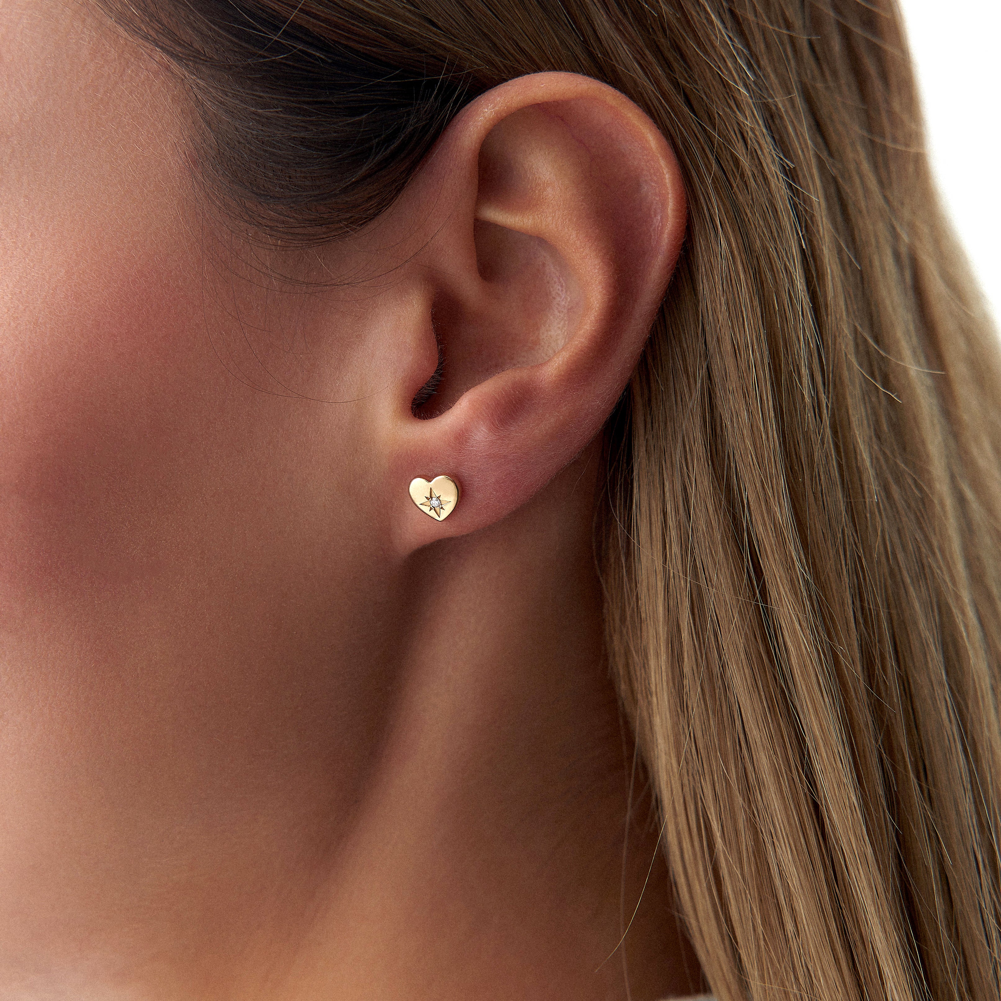 Minimal Diamond Heart Studs in 14K Gold