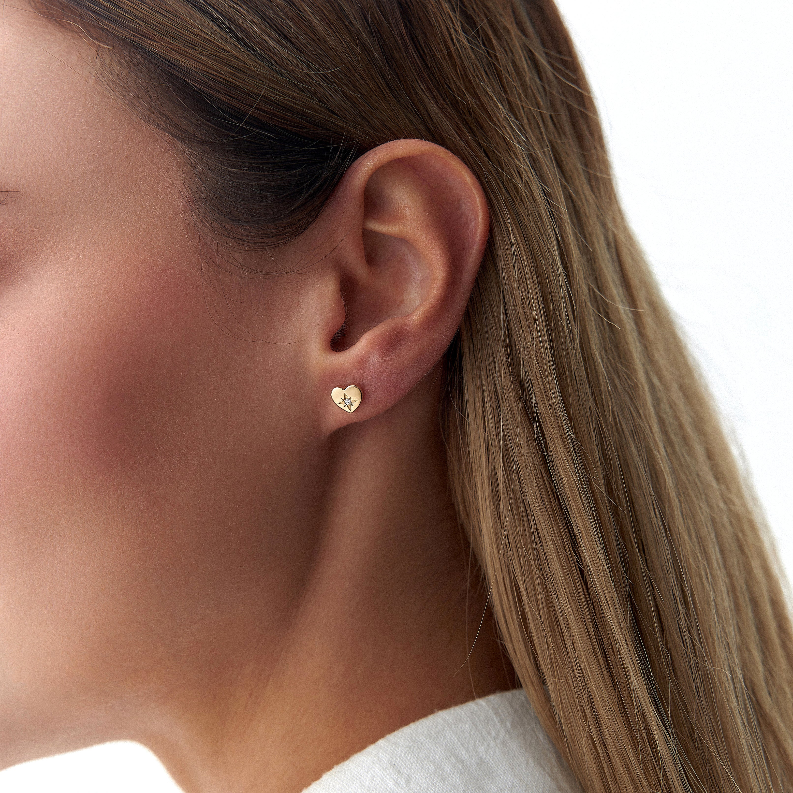 Minimal Diamond Heart Studs in 14K Gold