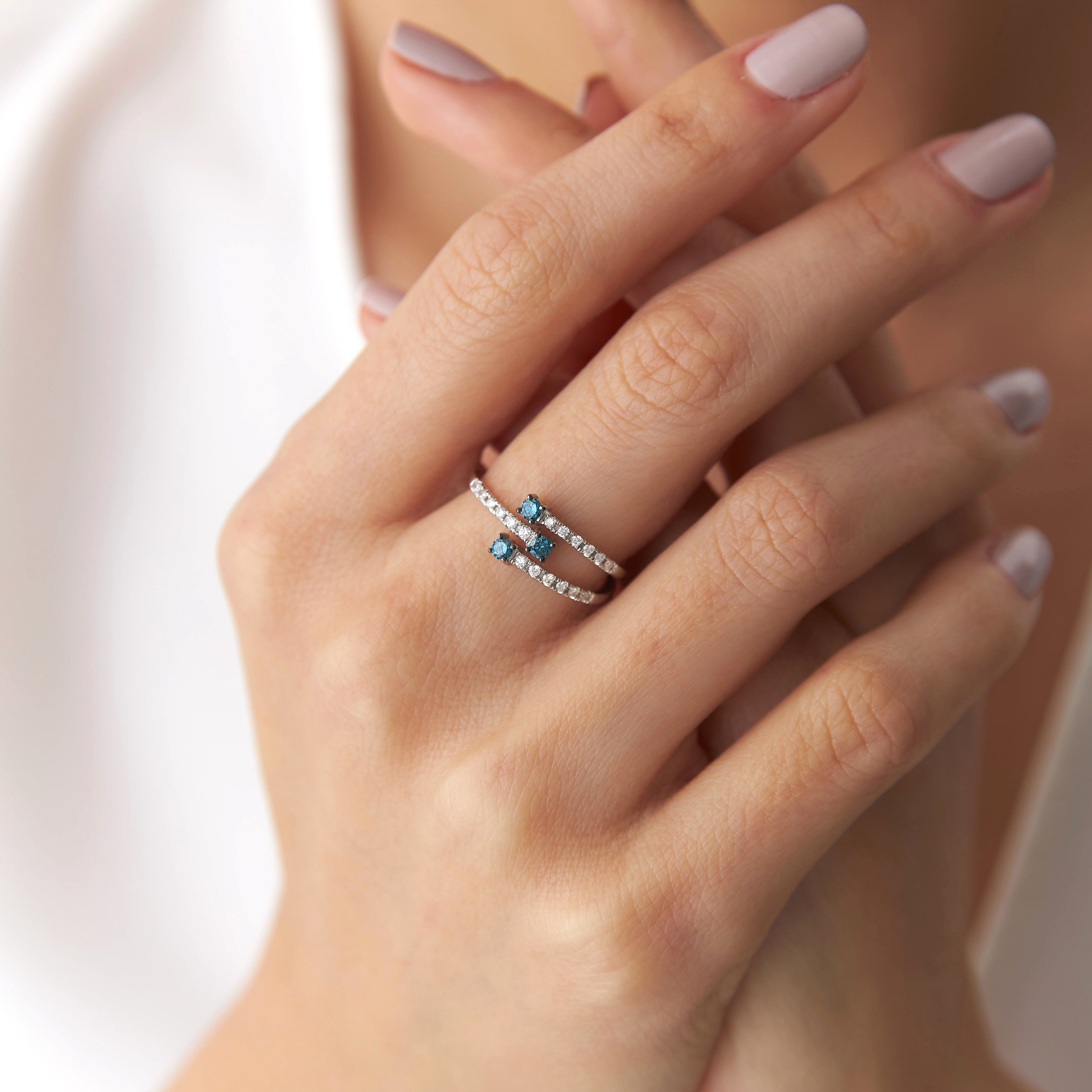 Multi Row Blue and White Diamond Ring in 14K Gold