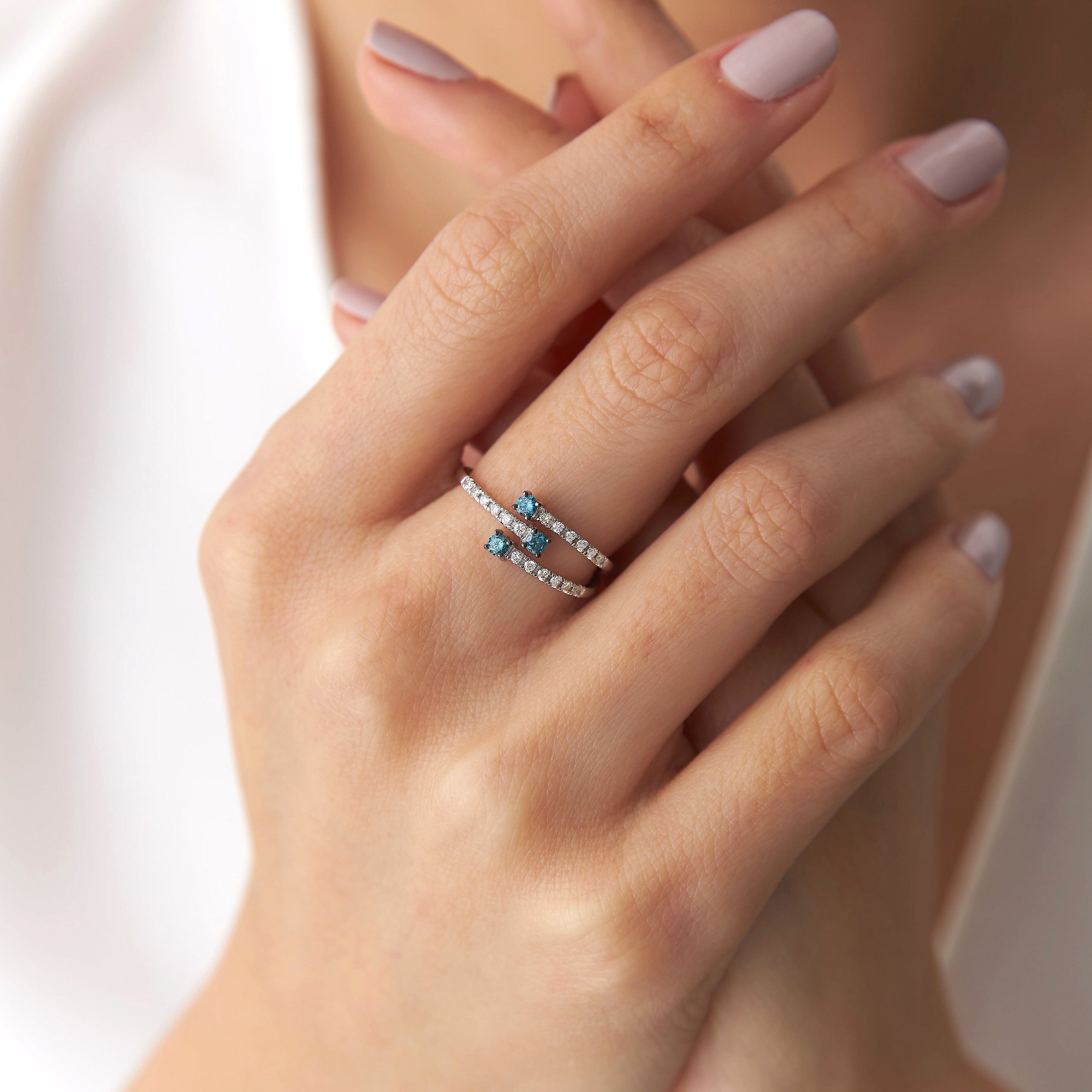 Multi Row Blue and White Diamond Ring in 14K Gold