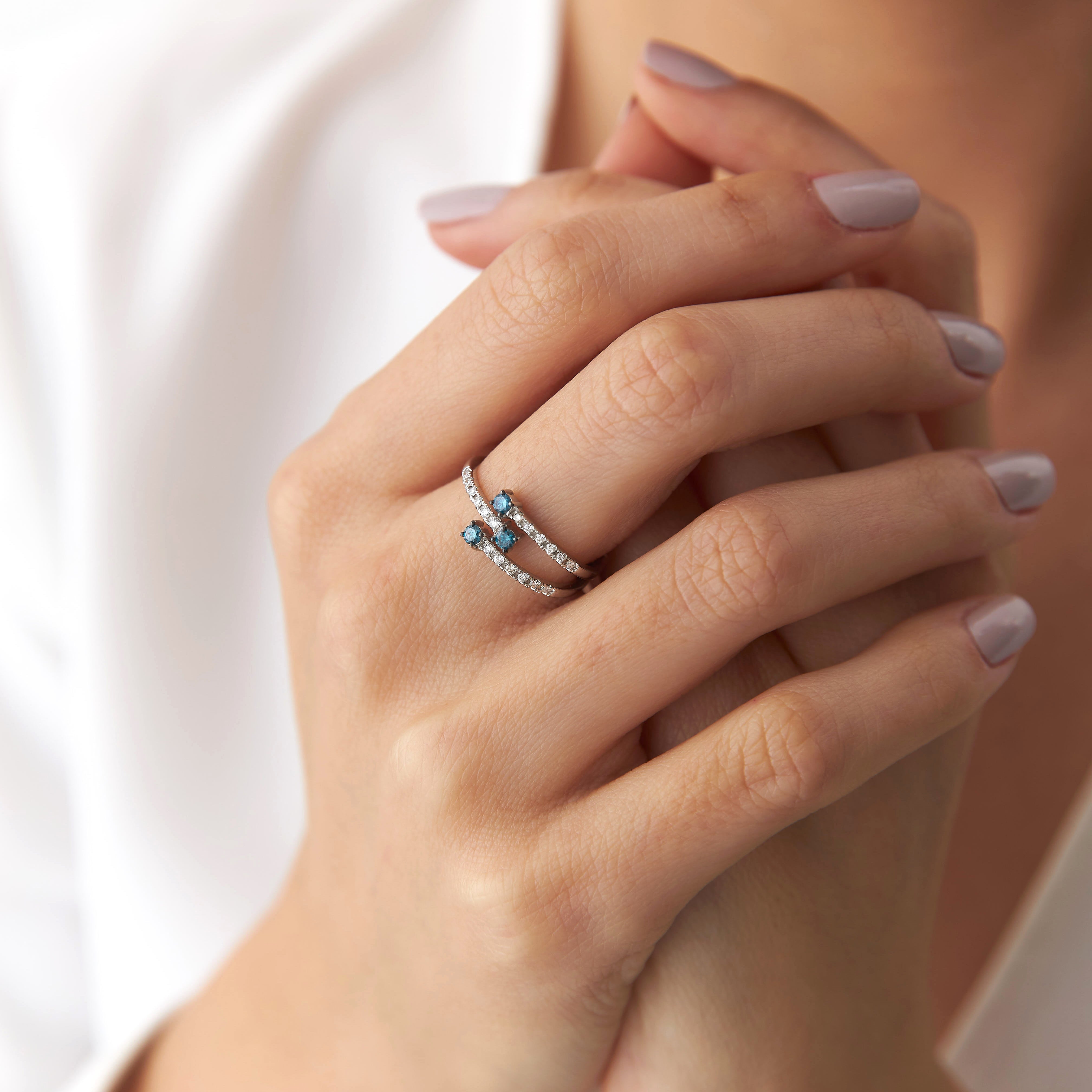 Multi Row Blue and White Diamond Ring in 14K Gold