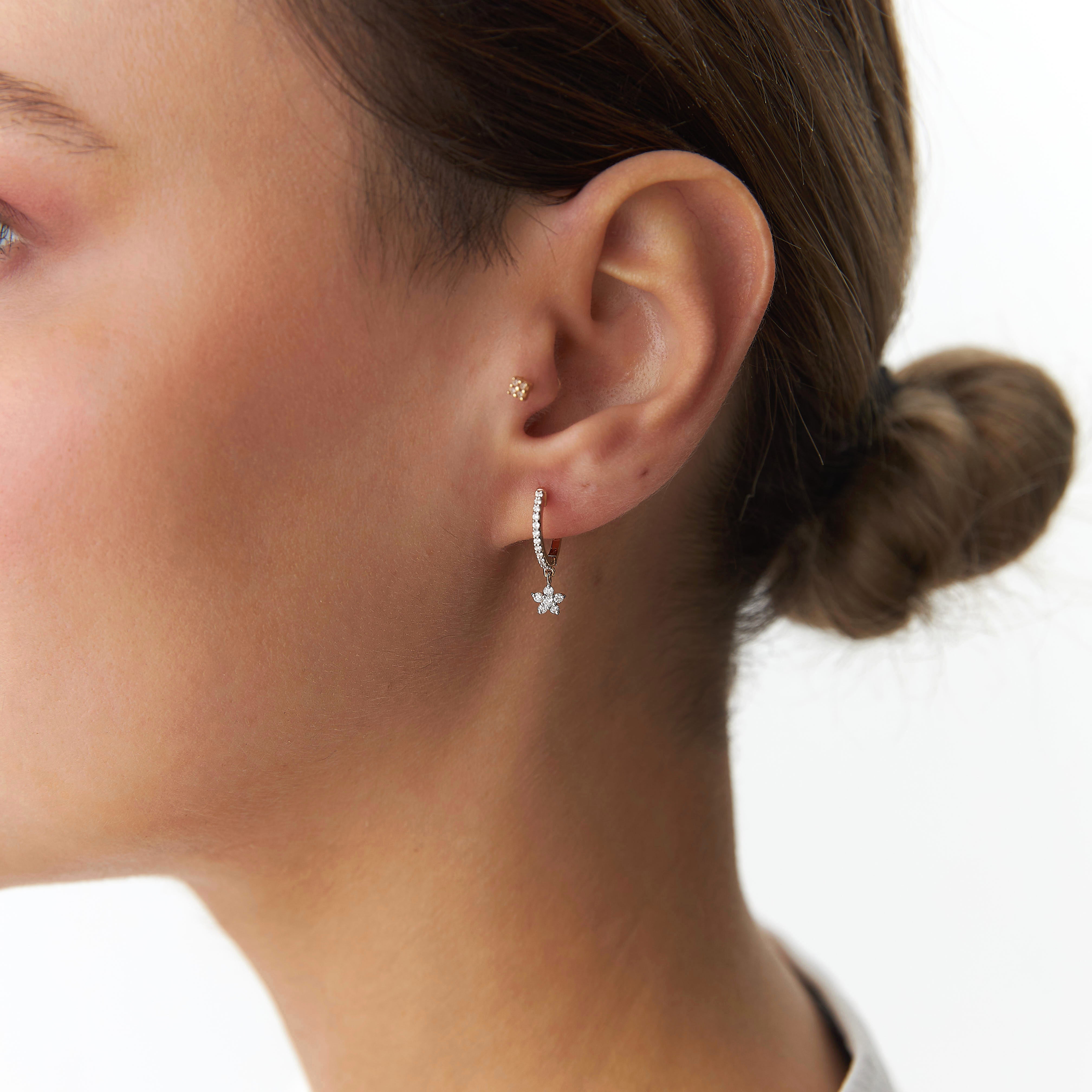 Diamond Flower Hoop Earrings in 14K Gold