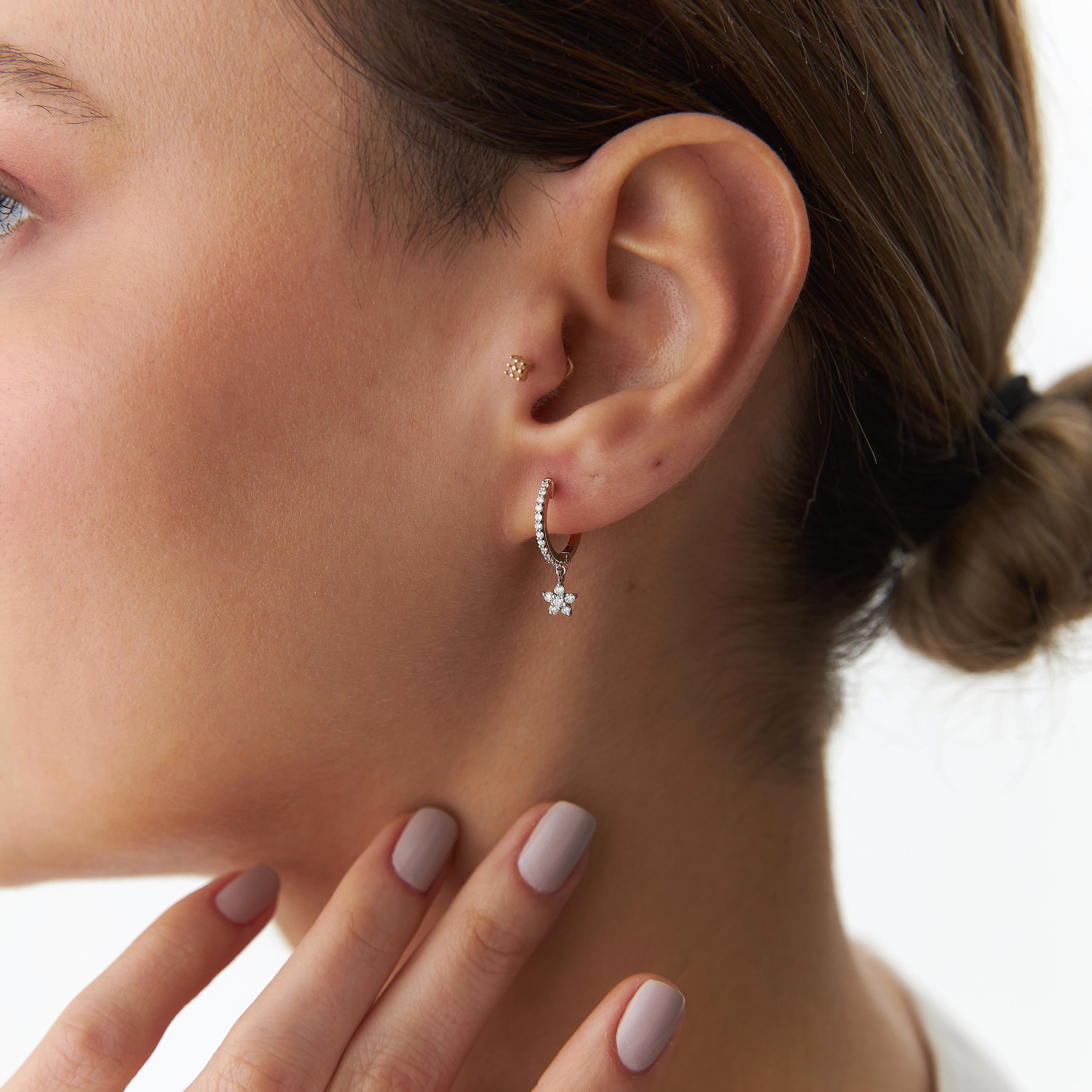 Diamond Flower Hoop Earrings in 14K Gold