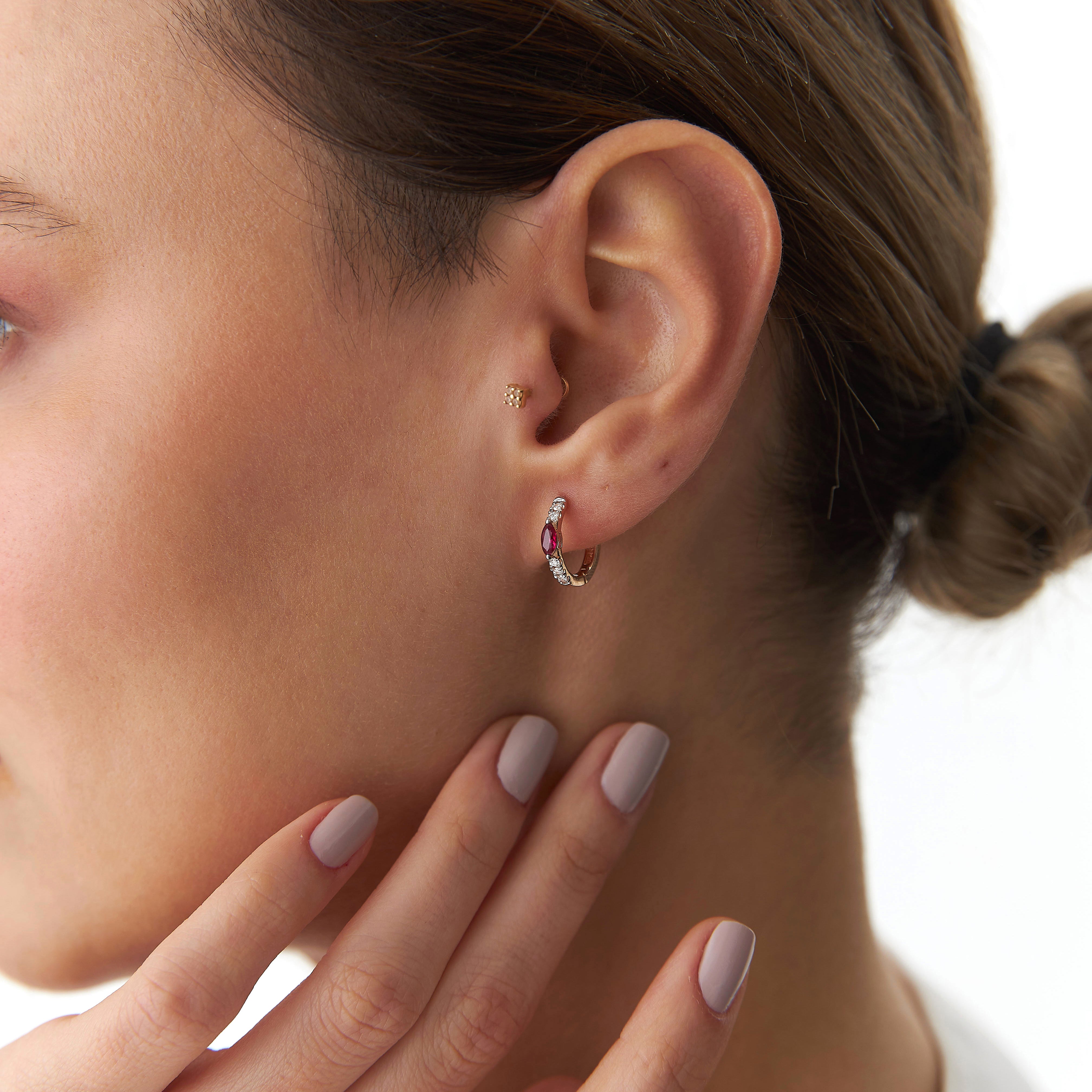 Marquise Ruby and Diamond Hoop Earrings Available in 14K and 18K Gold