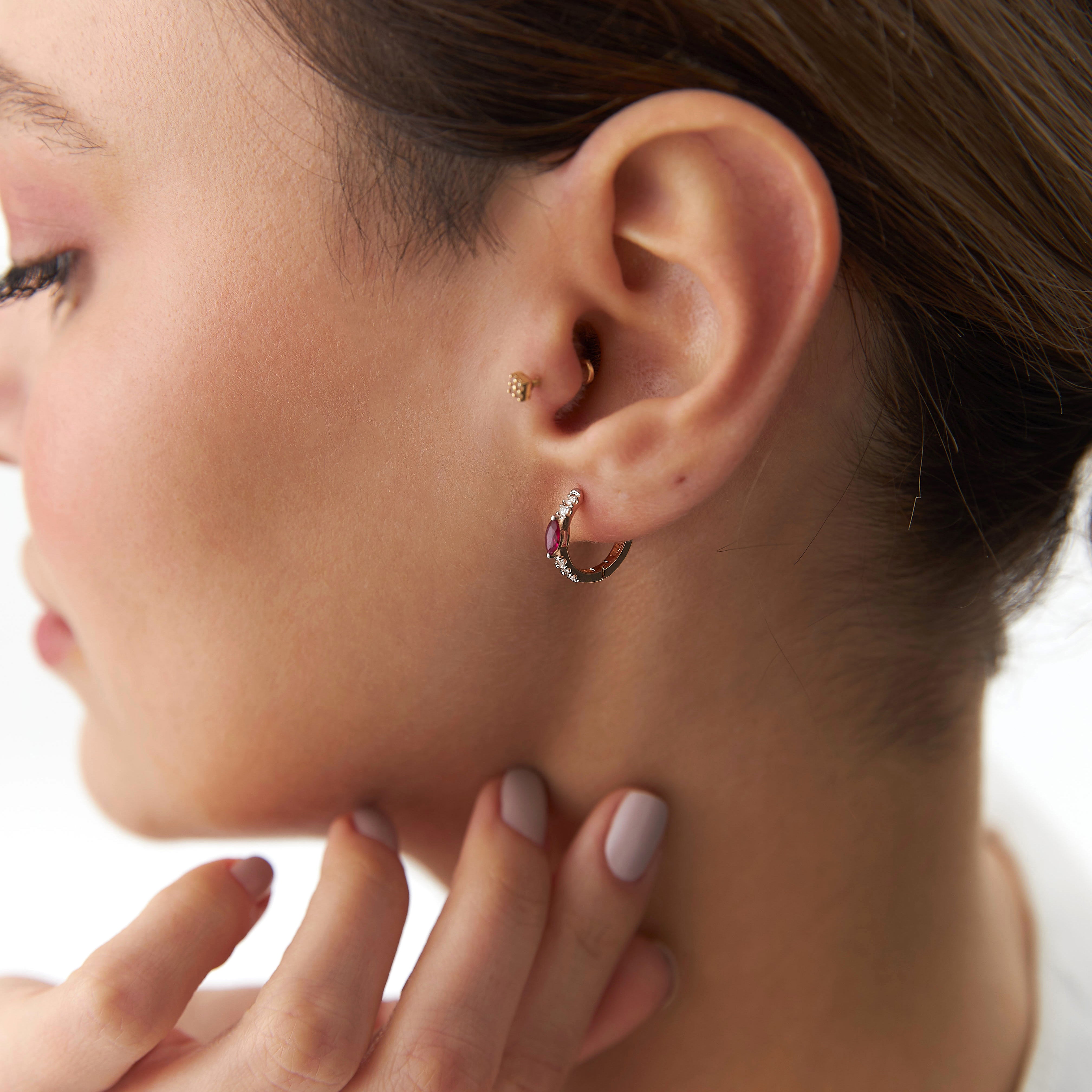 Marquise Ruby and Diamond Hoop Earrings Available in 14K and 18K Gold