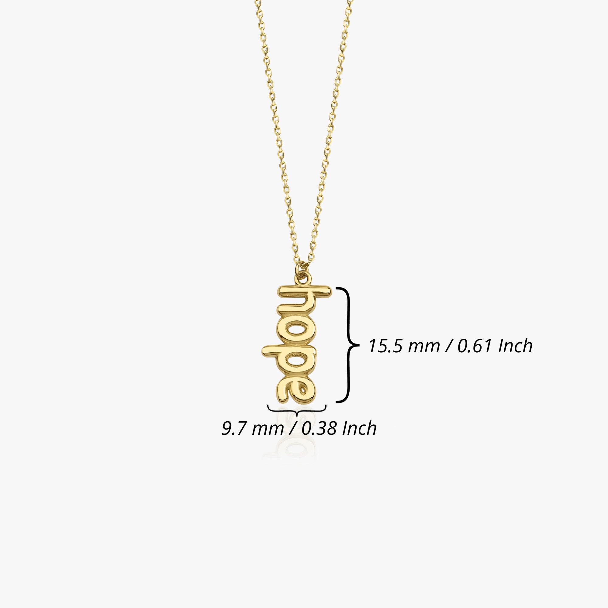 14k Yellow Gold necklace with 'hope' pendant on a white background shown with measurements
