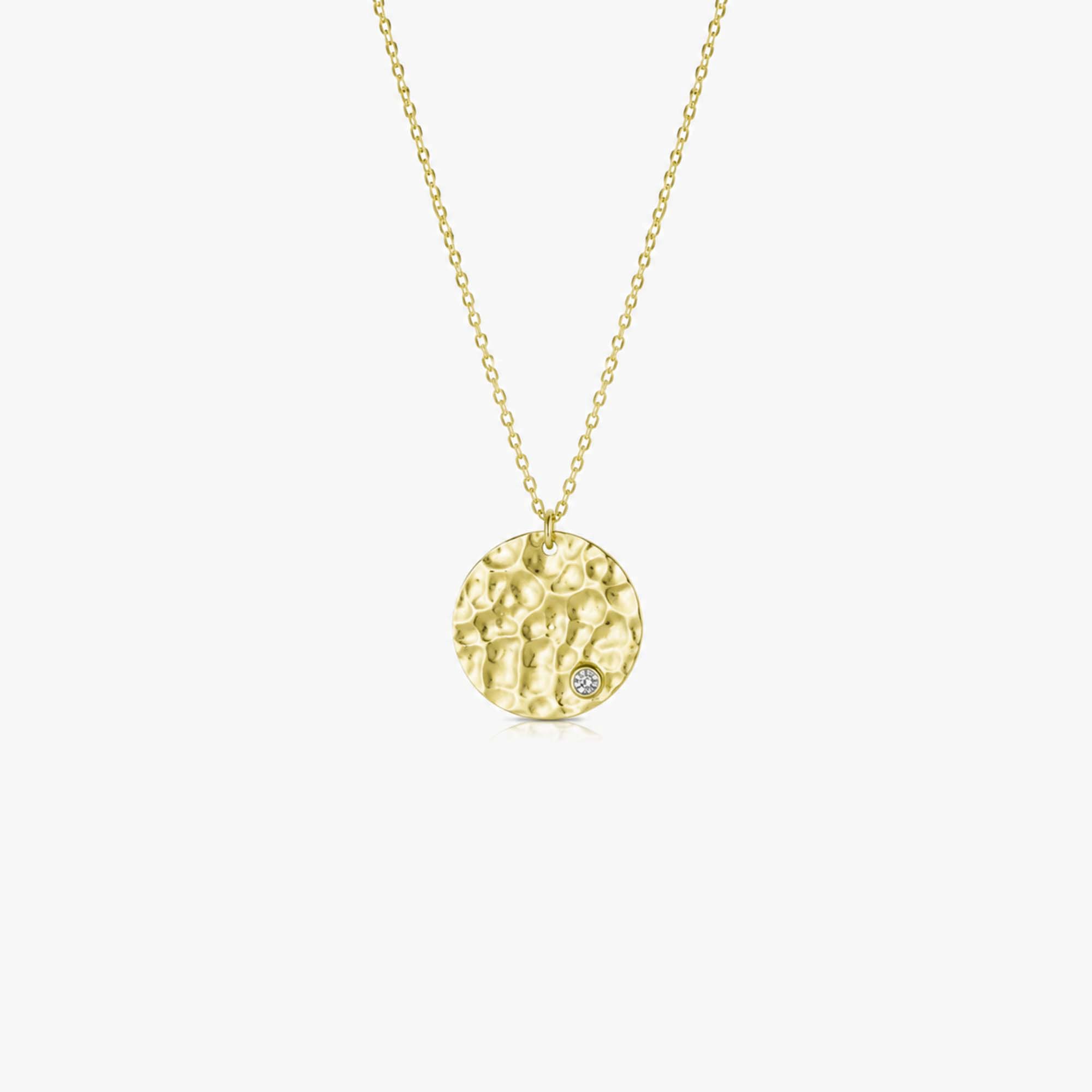 Diamond Hammered Gold Disc Necklace in 14K Gold