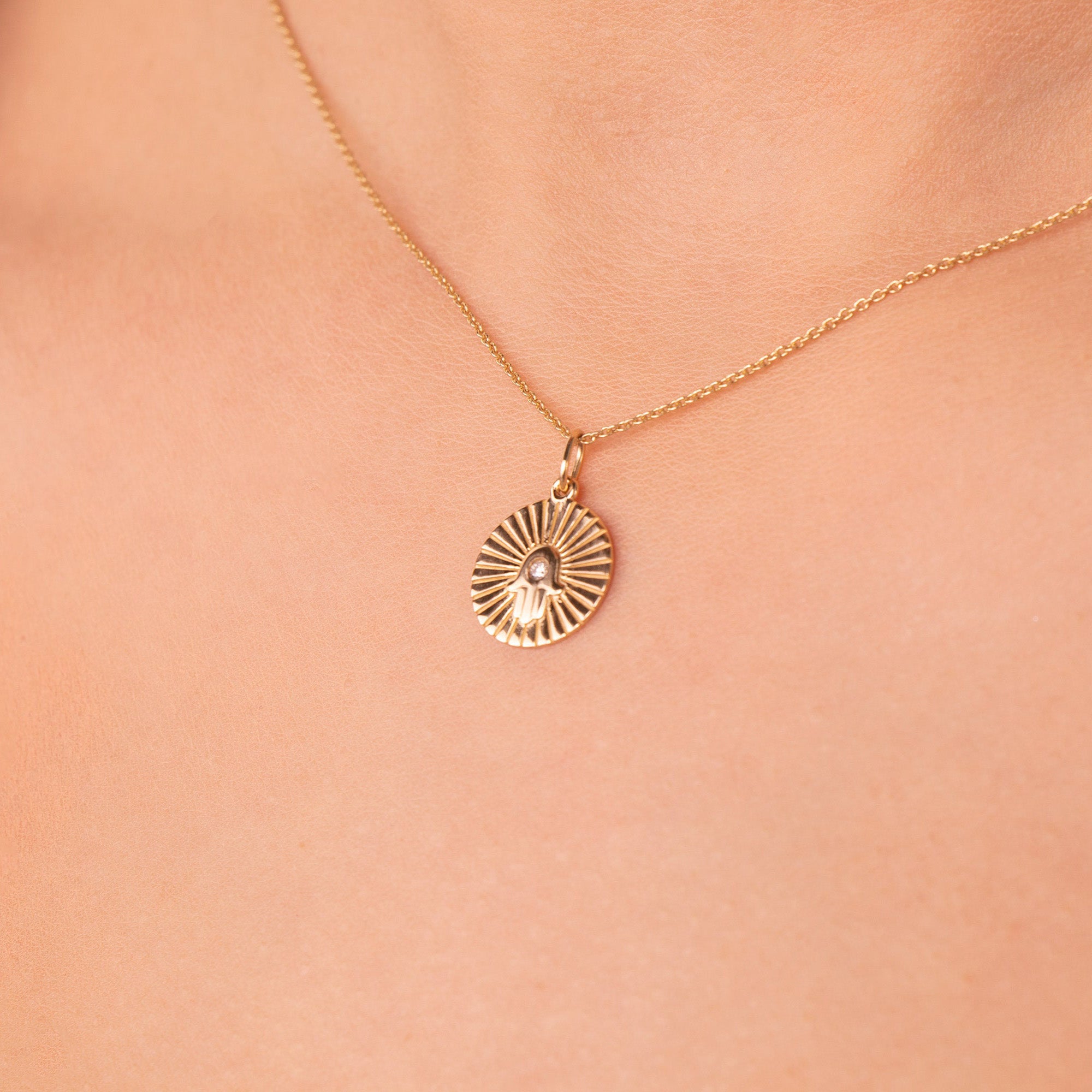 Diamond Hamsa Coin Necklace in 14K Gold