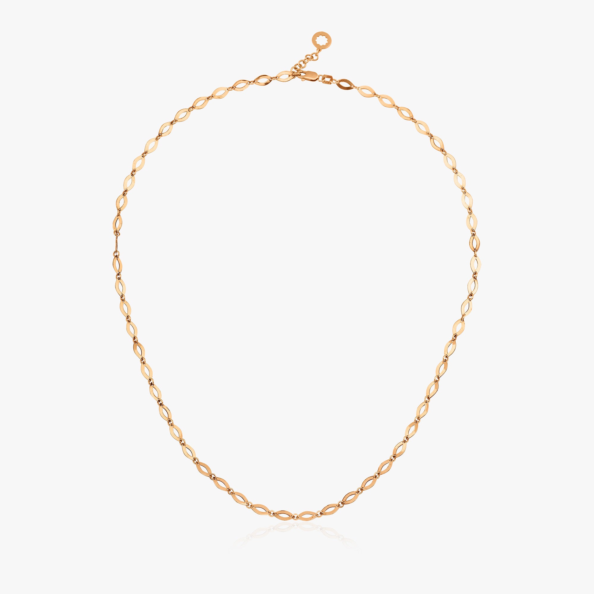 A 14k rose gold mirror chain shown on a white background.