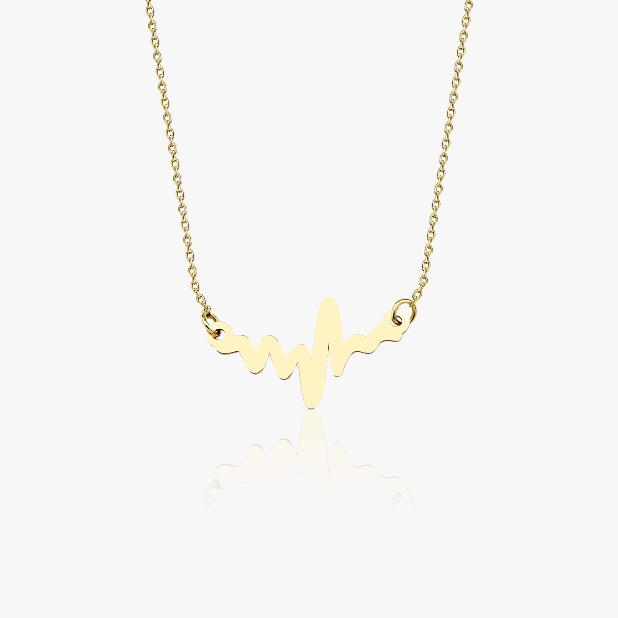 A 14k yellow gold heartbeat necklace shown on a white background.