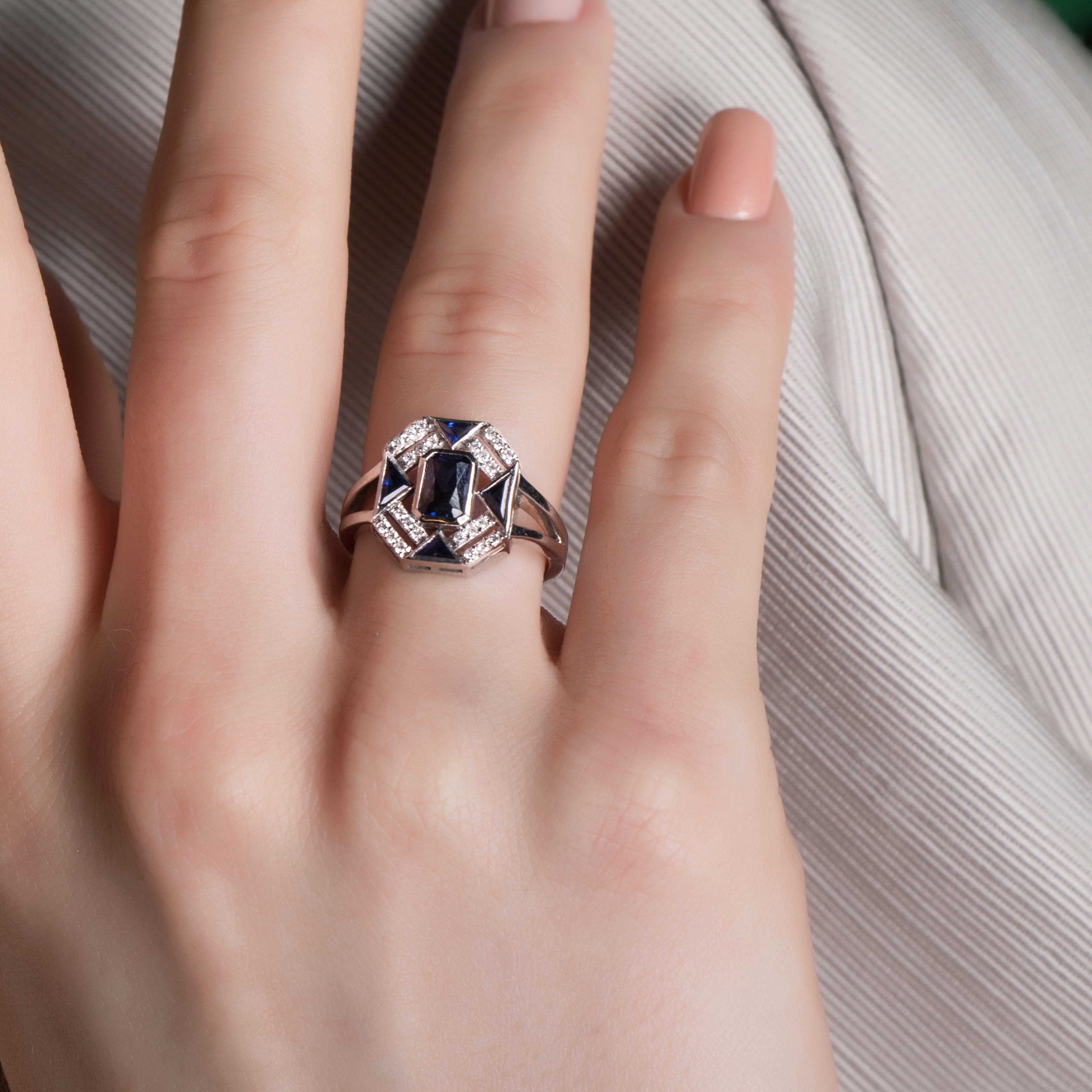 Blue Sapphire Ring and Diamond Ring in 14K Gold