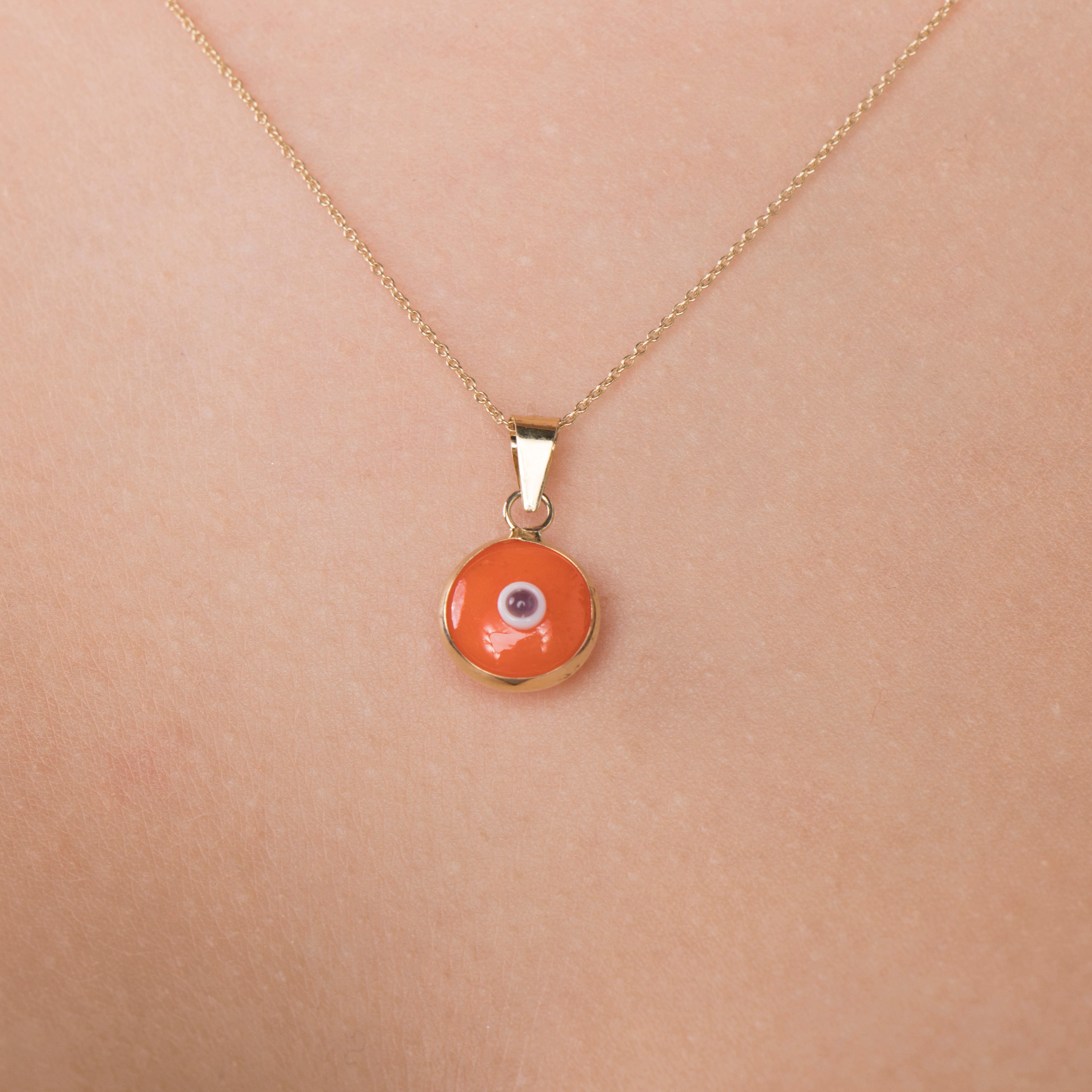 Orange Evil Eye Pendant Necklace in 14K Gold