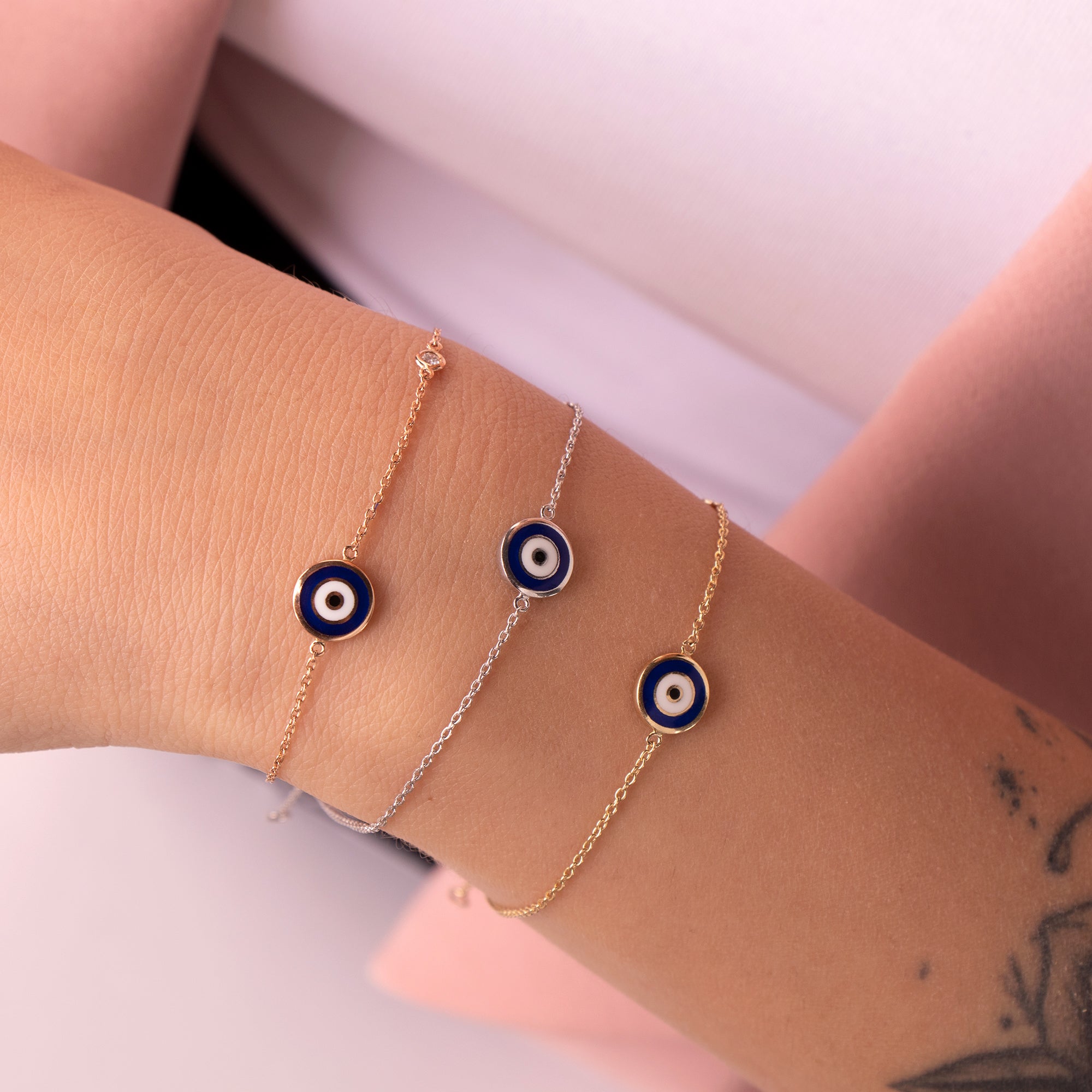 Double Sided Navy Blue Evil Eye Bracelet in 14K Gold