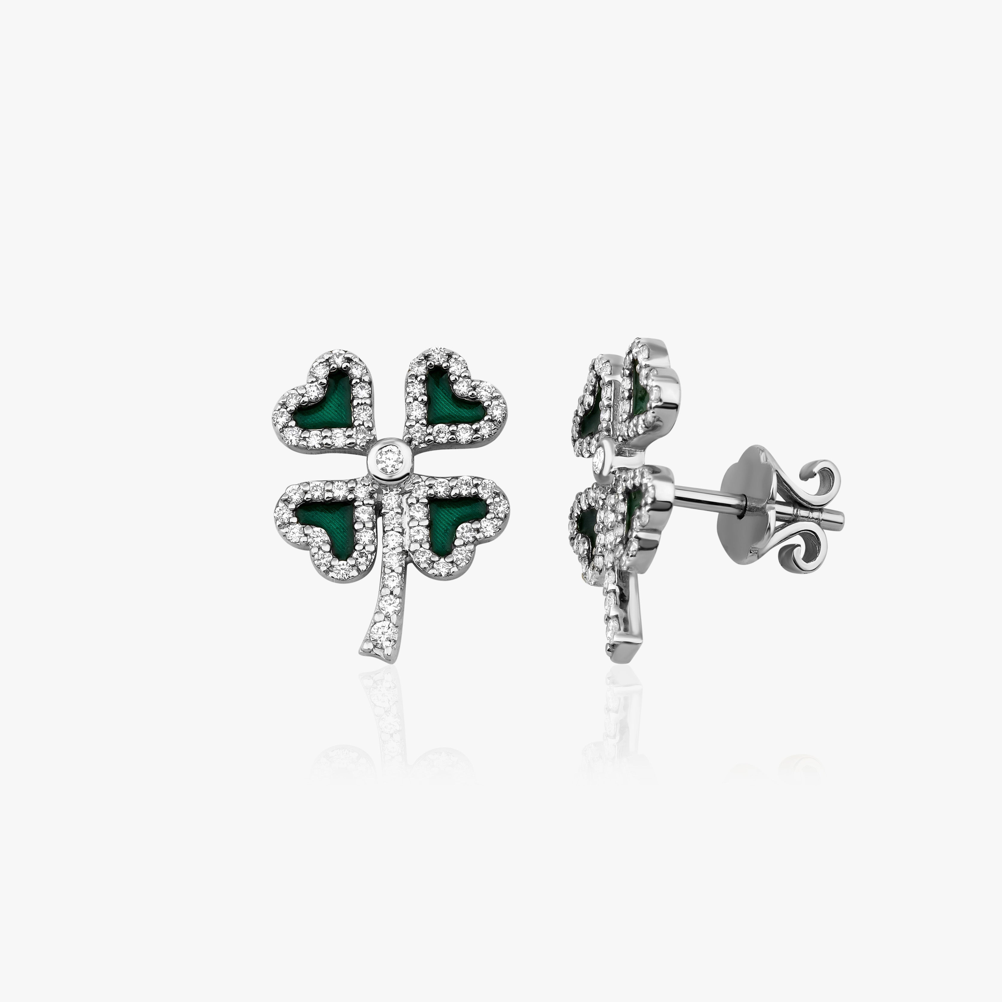 Diamond Green Clover Stud Earrings / FORTUNA
