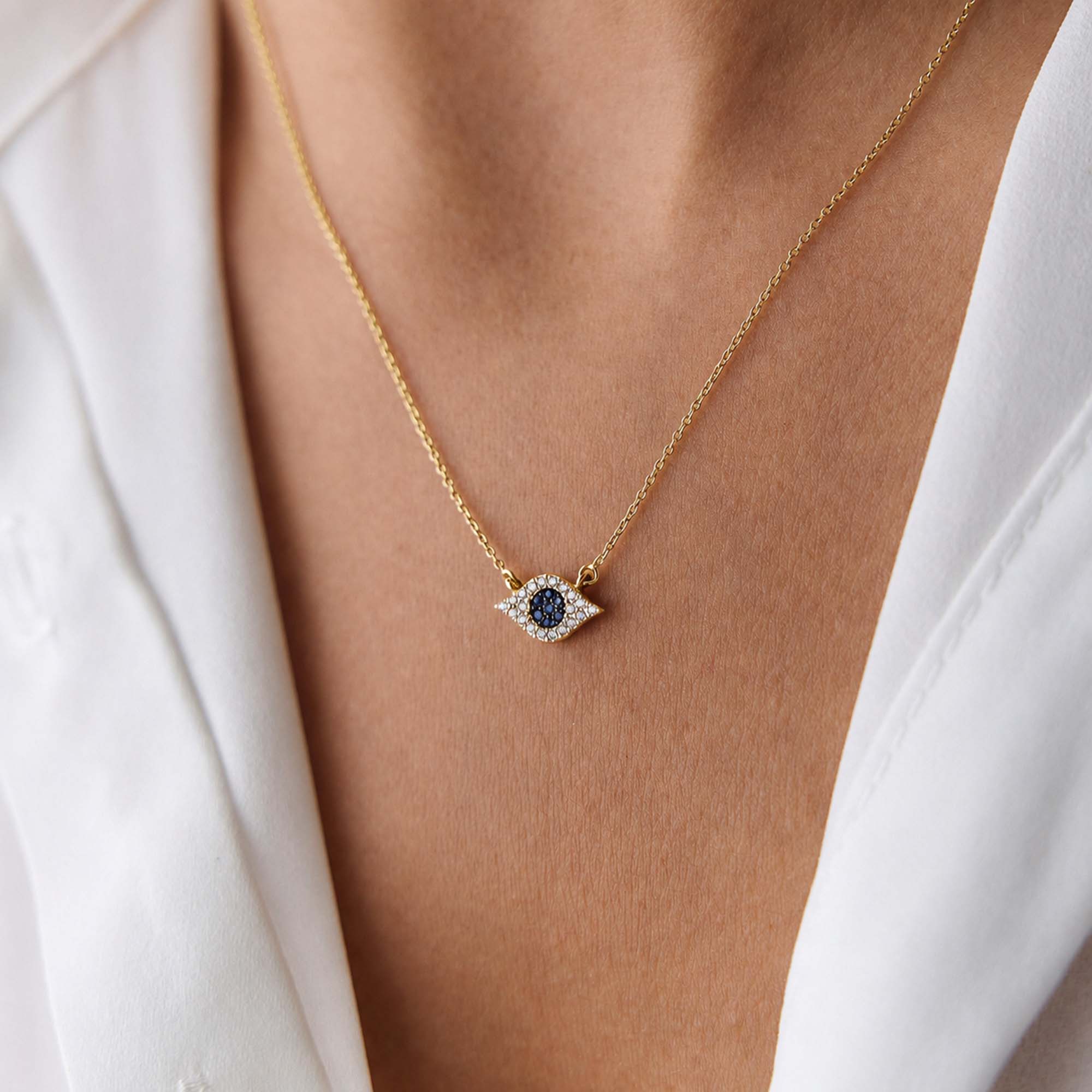 Itty Bitty Tiny Blue Sapphire and Diamond Evil Eye Necklace in 14K Gold