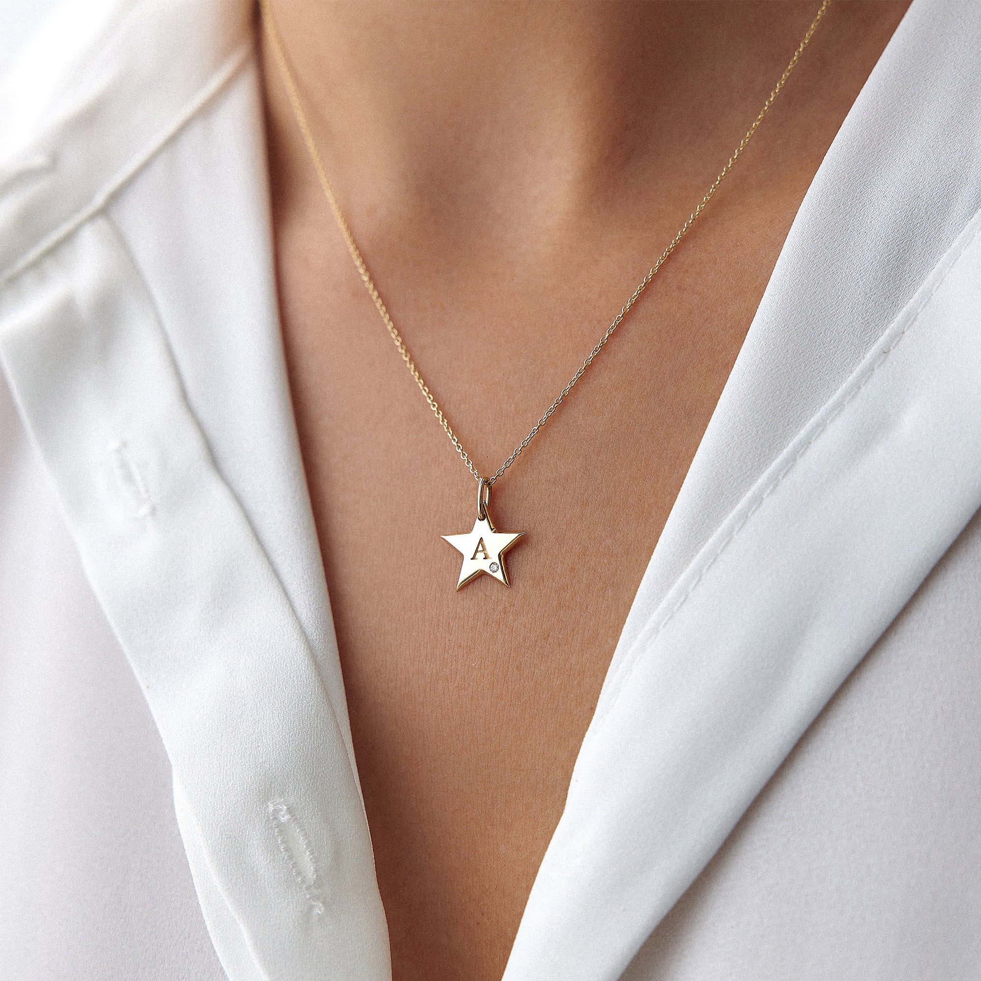 Birthstone Star Initial Pendant Necklace in 14K Gold