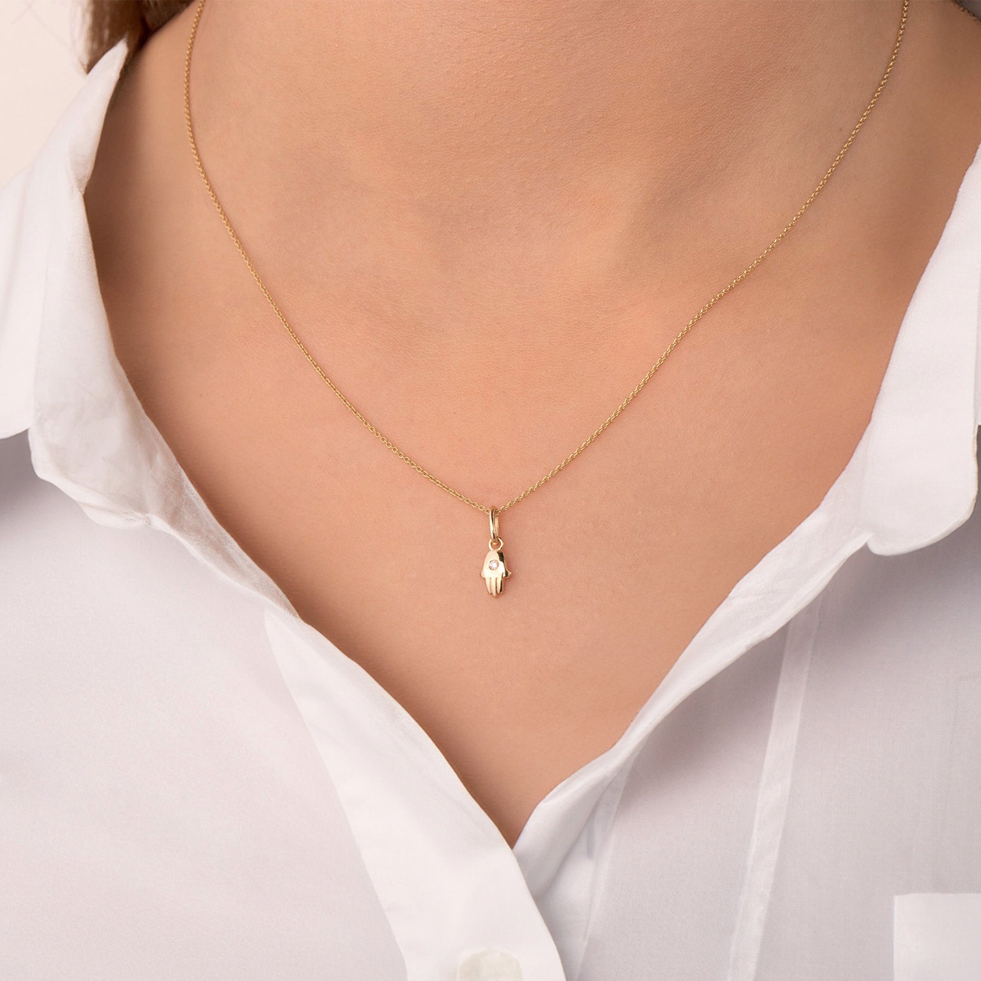 Itty Bitty Tiny Diamond Hamsa Necklace in 14K Gold
