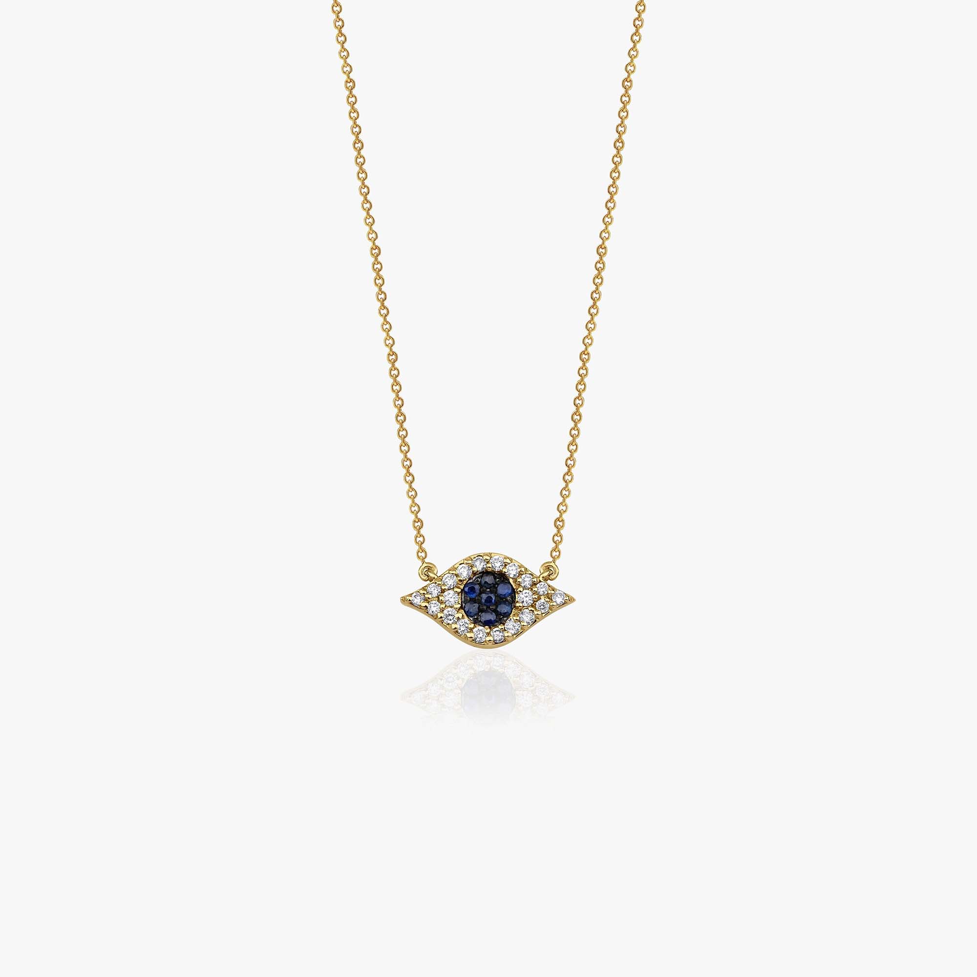 Itty Bitty Tiny Blue Sapphire and Diamond Evil Eye Necklace in 14K Gold