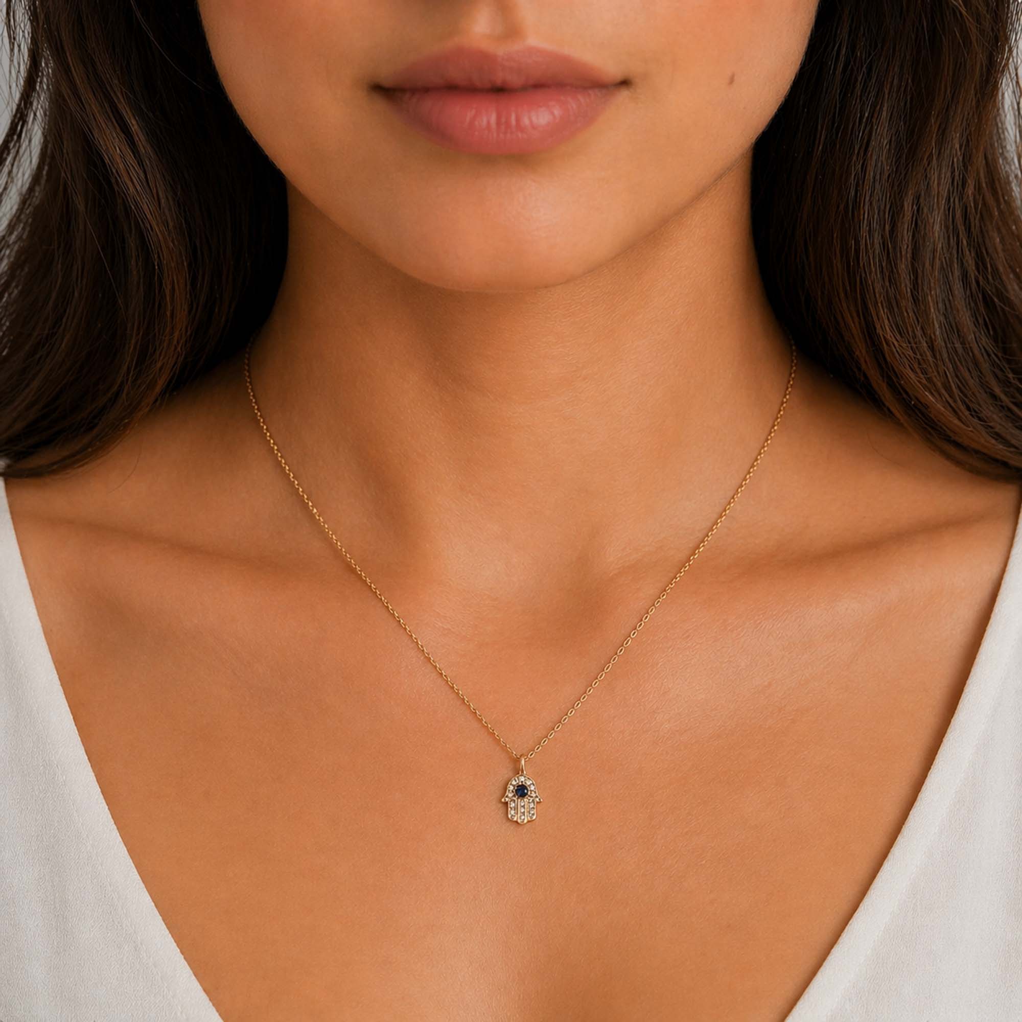 Vintage Blue Sapphire and Diamond Hamsa Pendant in 14K Gold