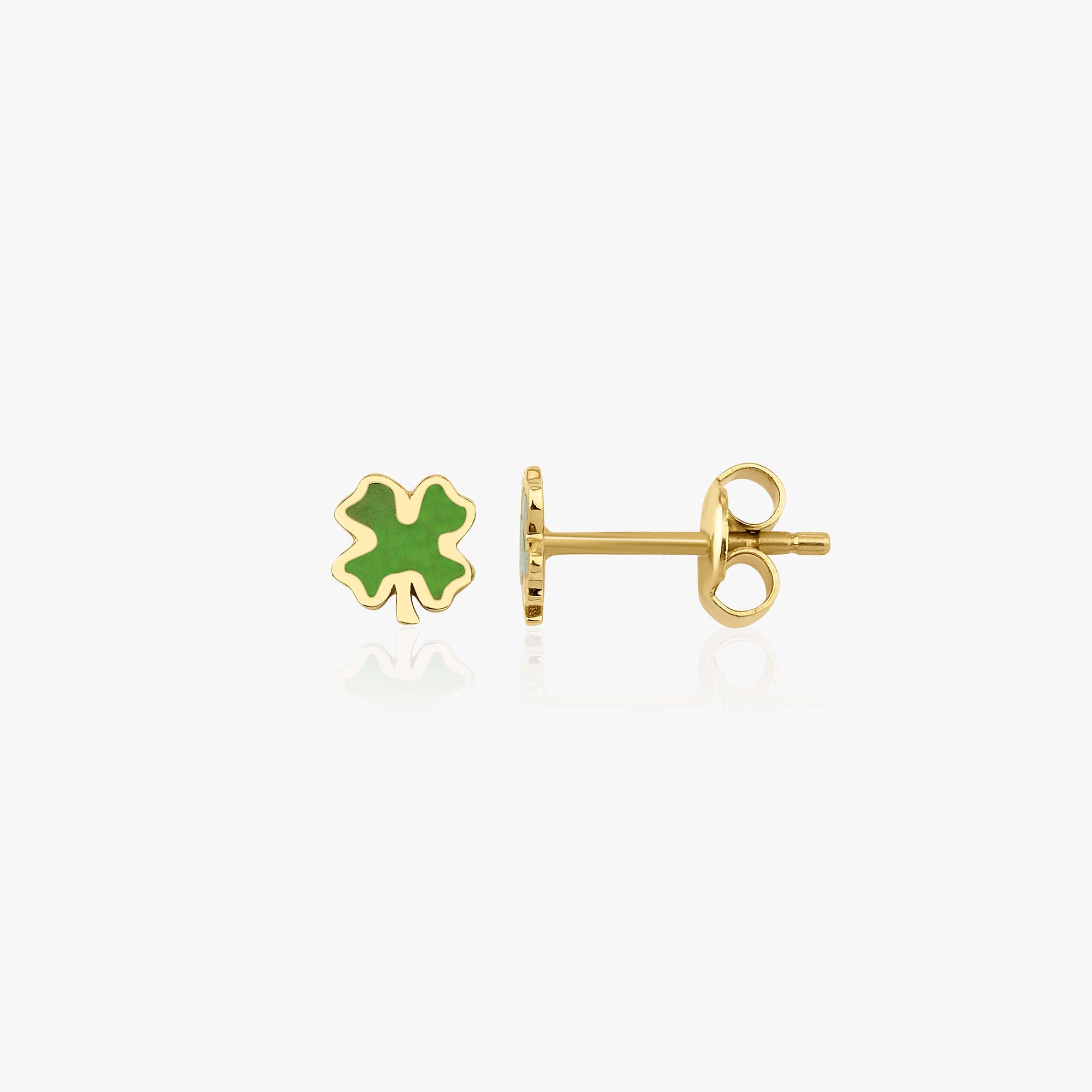 Mini four leaf clover studs shown sideways on a white background.