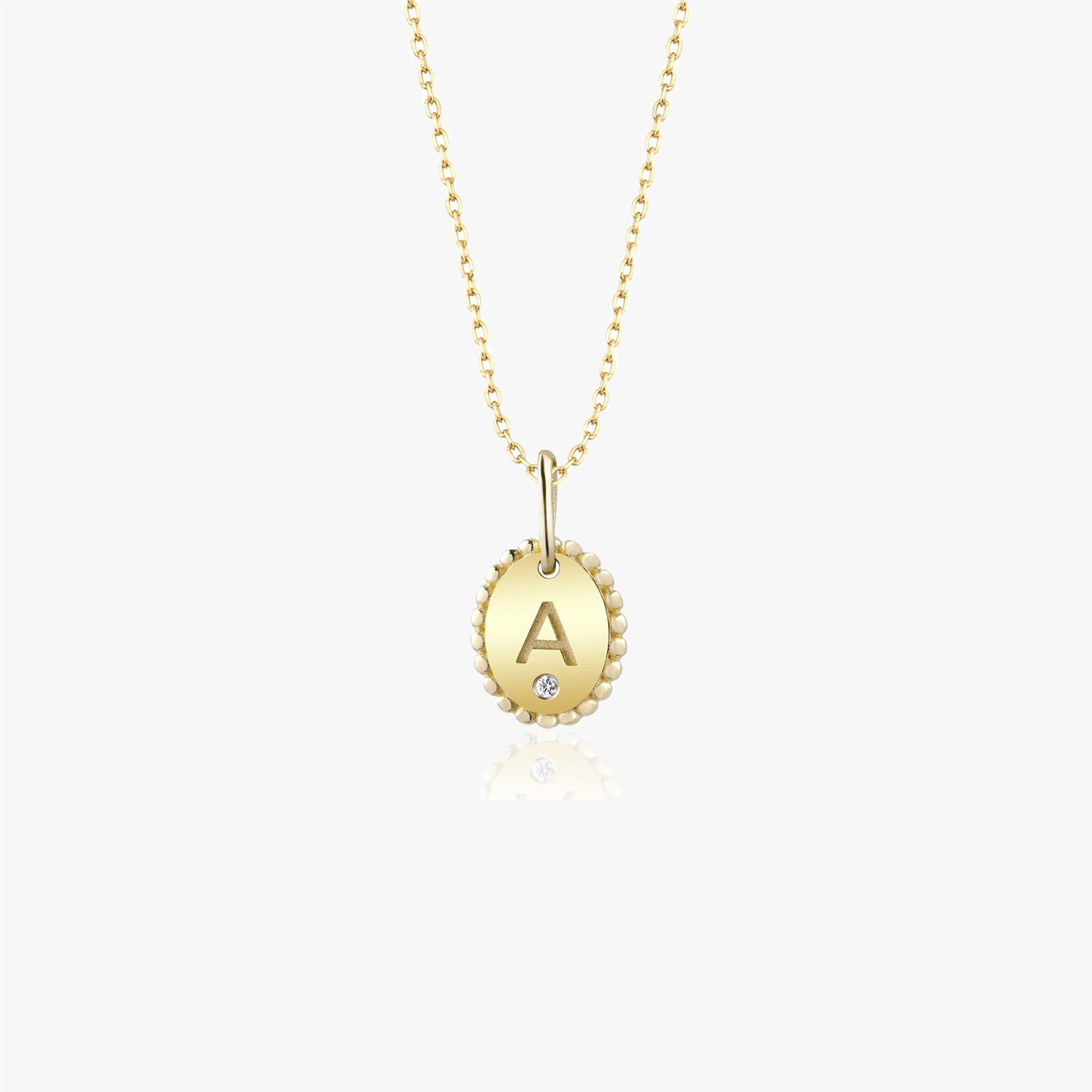 Itty Bitty Tiny Birthstone Oval Initial Charm Necklace in 14K Gold