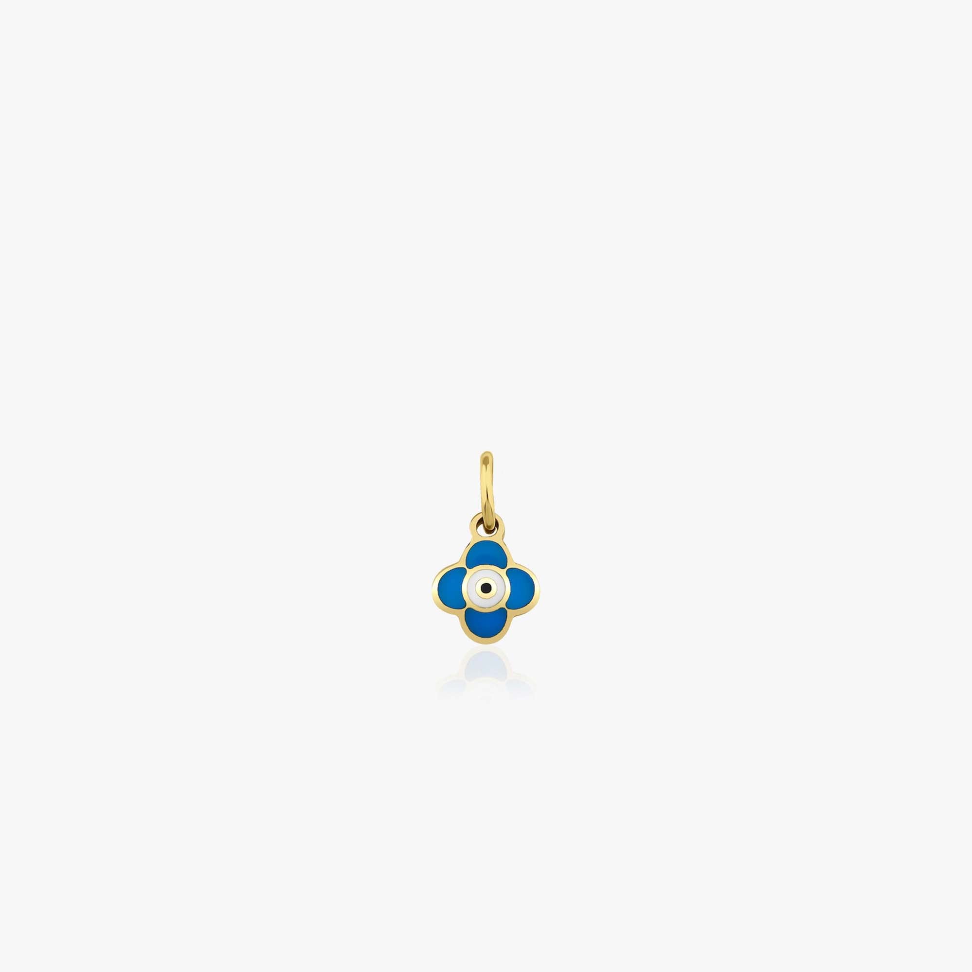 A 14k yellow gold tiny clover pendant with an evil eye center shown on a white background.