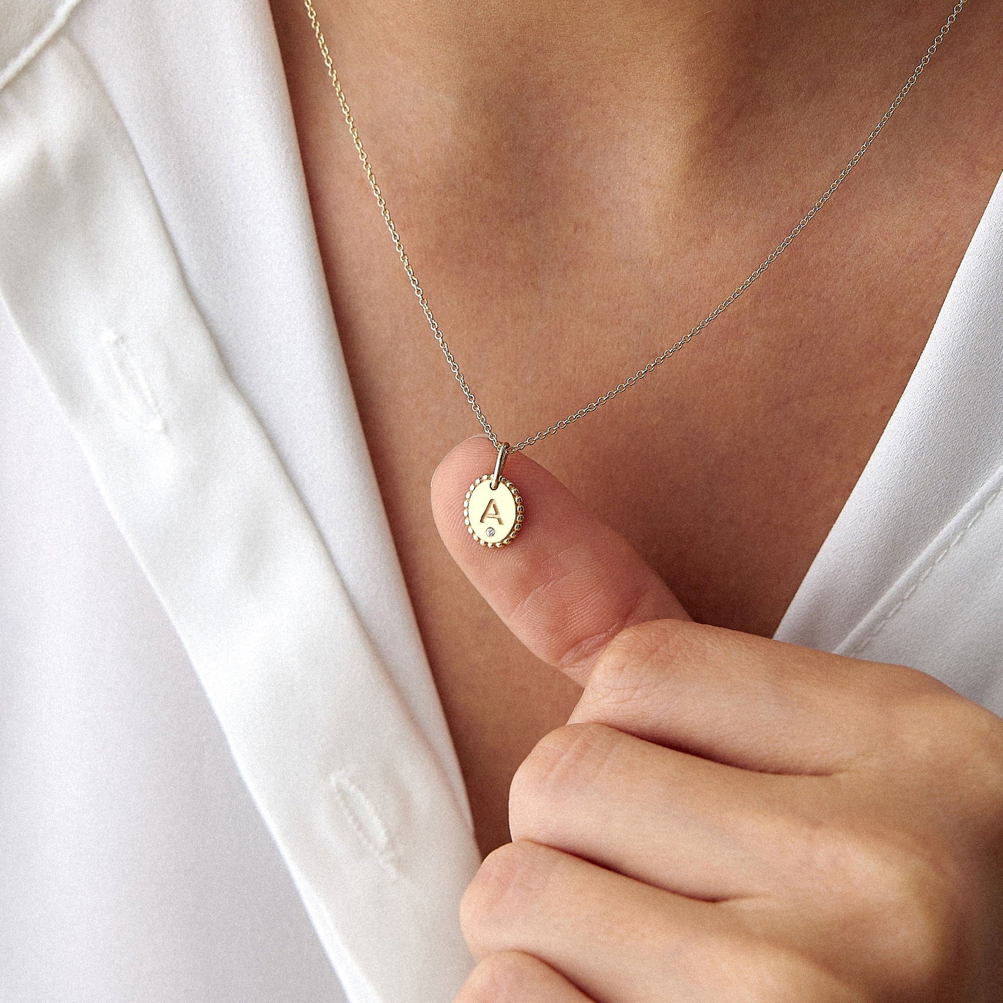 Itty Bitty Tiny Birthstone Oval Initial Charm Necklace in 14K Gold