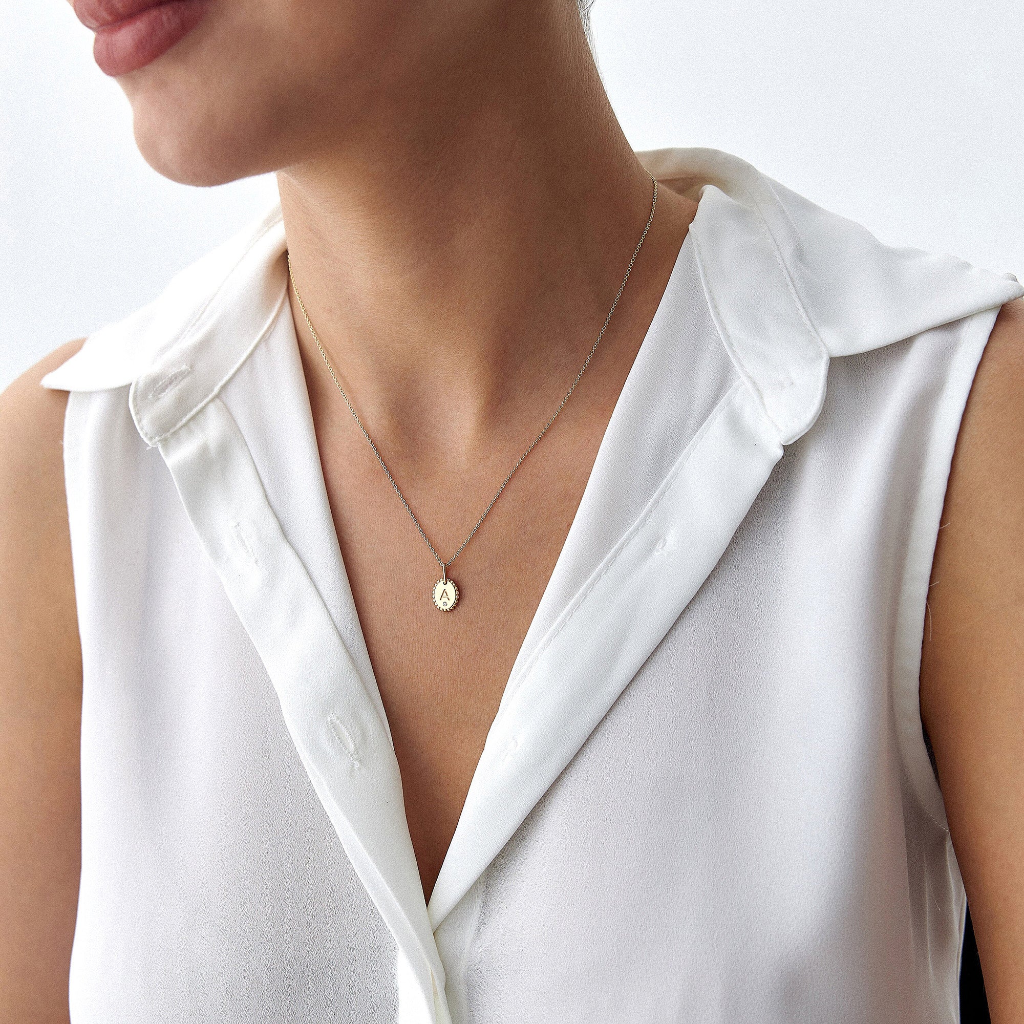 Itty Bitty Tiny Birthstone Oval Initial Charm Necklace in 14K Gold