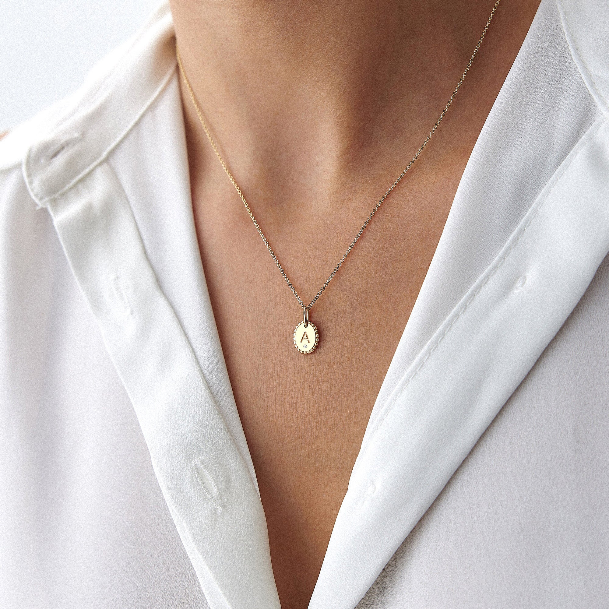 Itty Bitty Tiny Birthstone Oval Initial Charm Necklace in 14K Gold