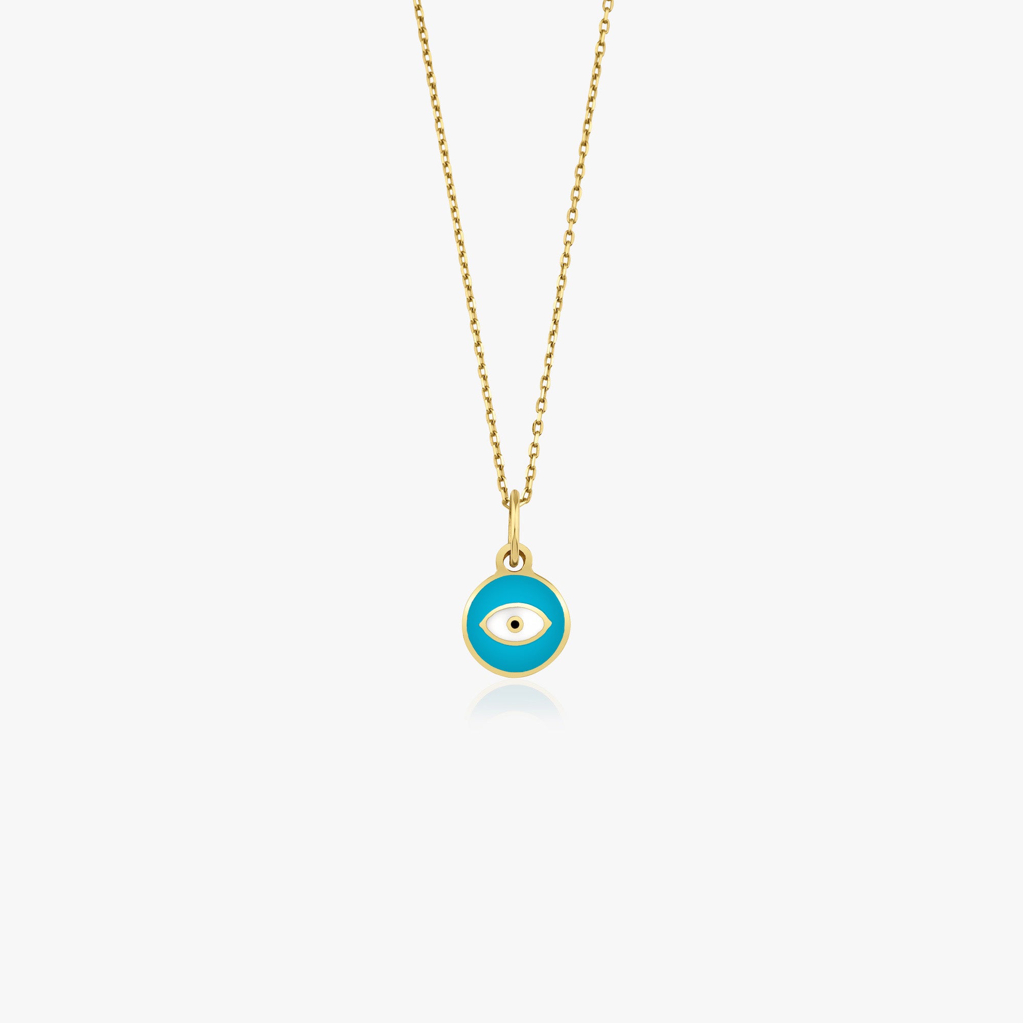A dainty sky blue eye-shaped pendant necklace in 14K yellow gold, displayed on a white background.