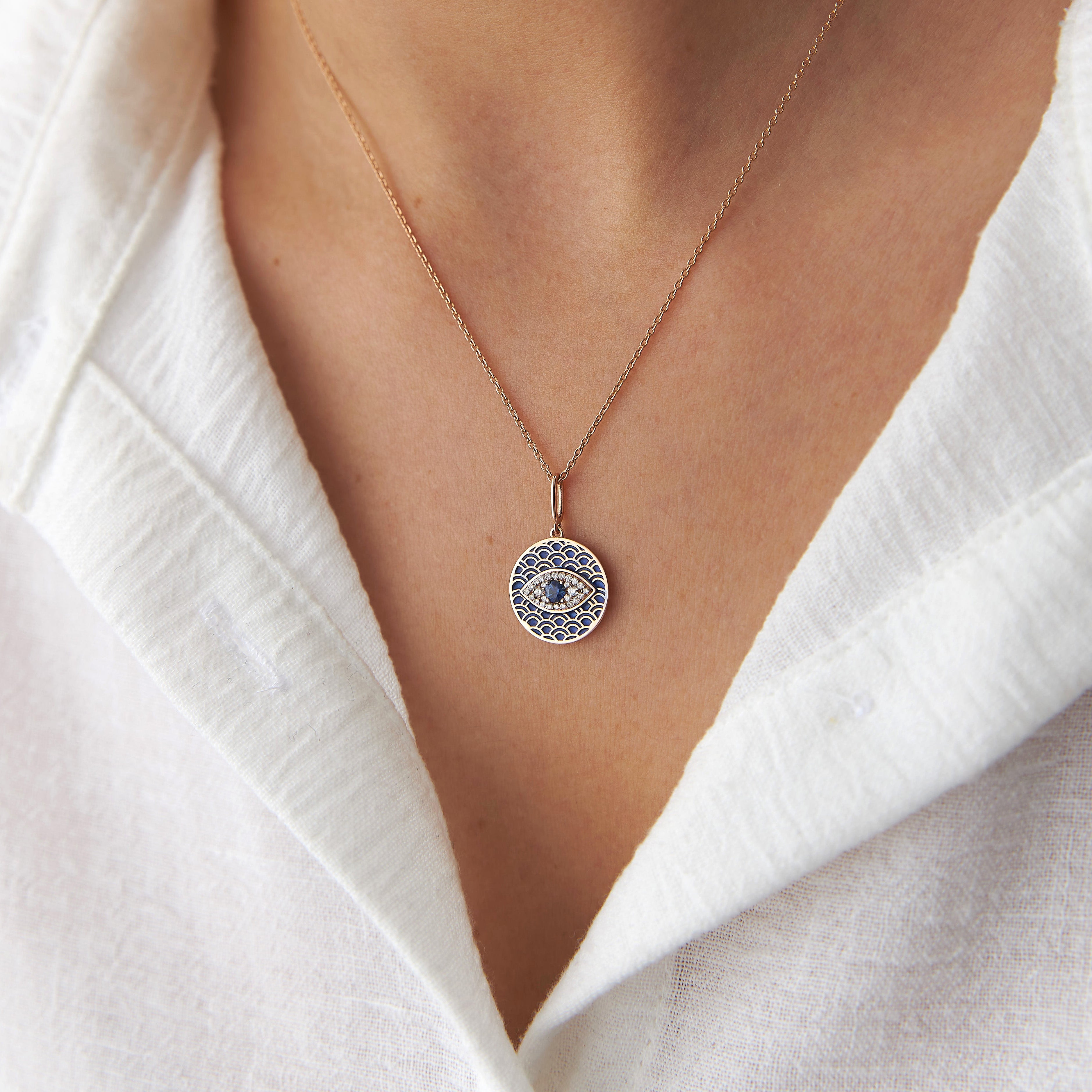 Blue Sapphire and Diamond Evil Eye Protection Pendant Necklace