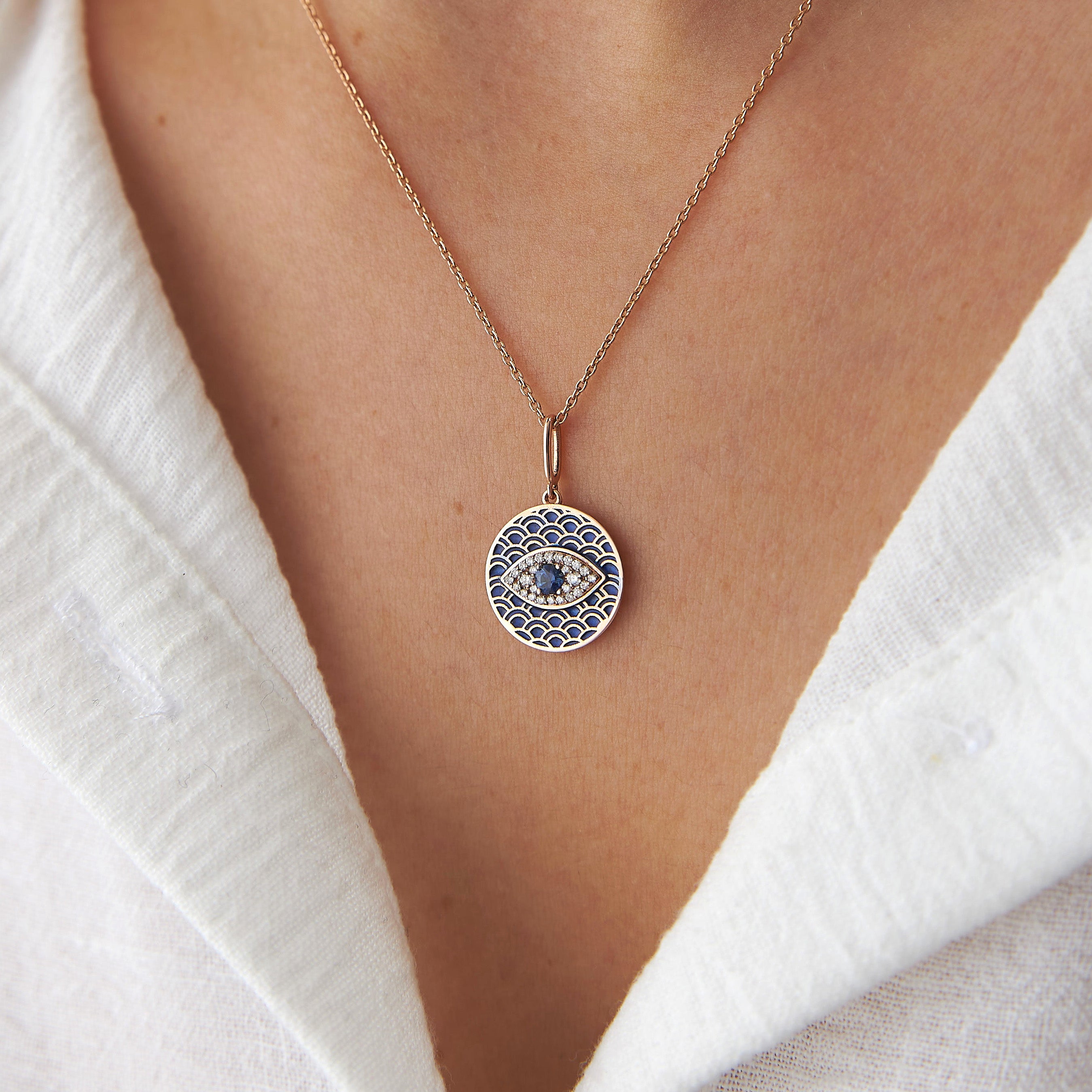 Blue Sapphire and Diamond Evil Eye Protection Pendant Necklace