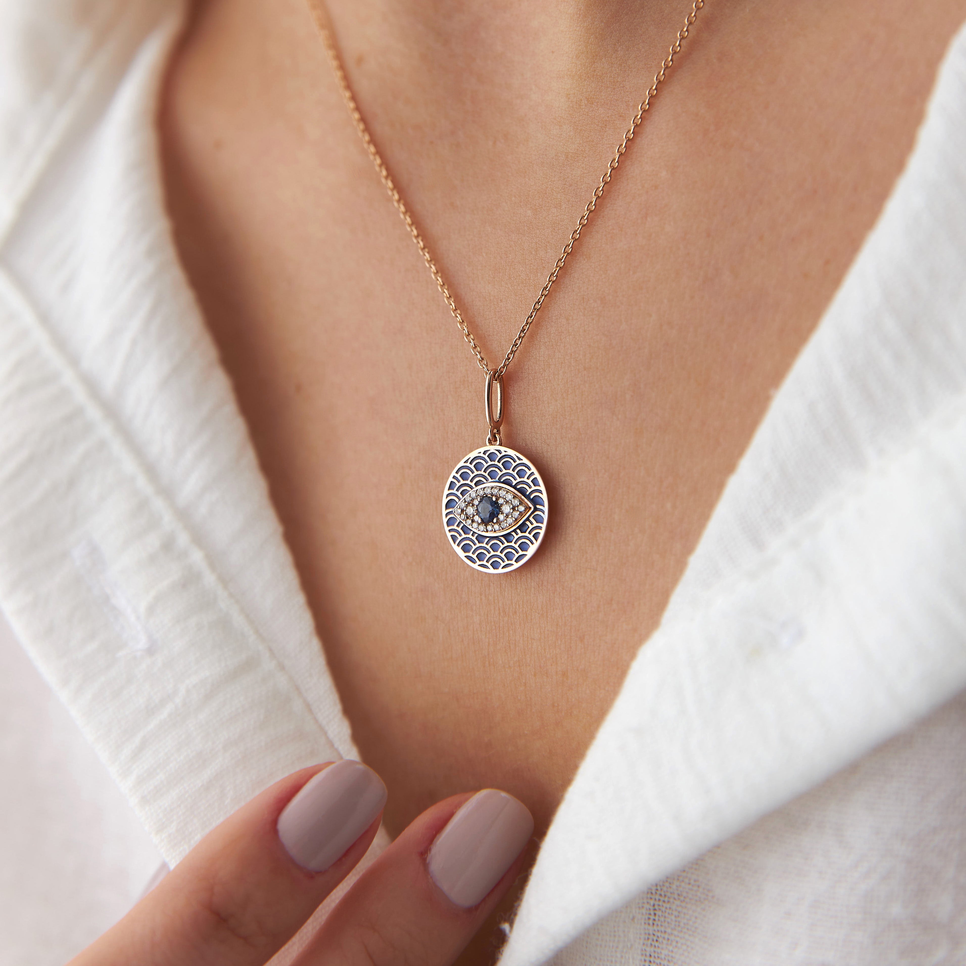 Blue Sapphire and Diamond Evil Eye Protection Pendant Necklace