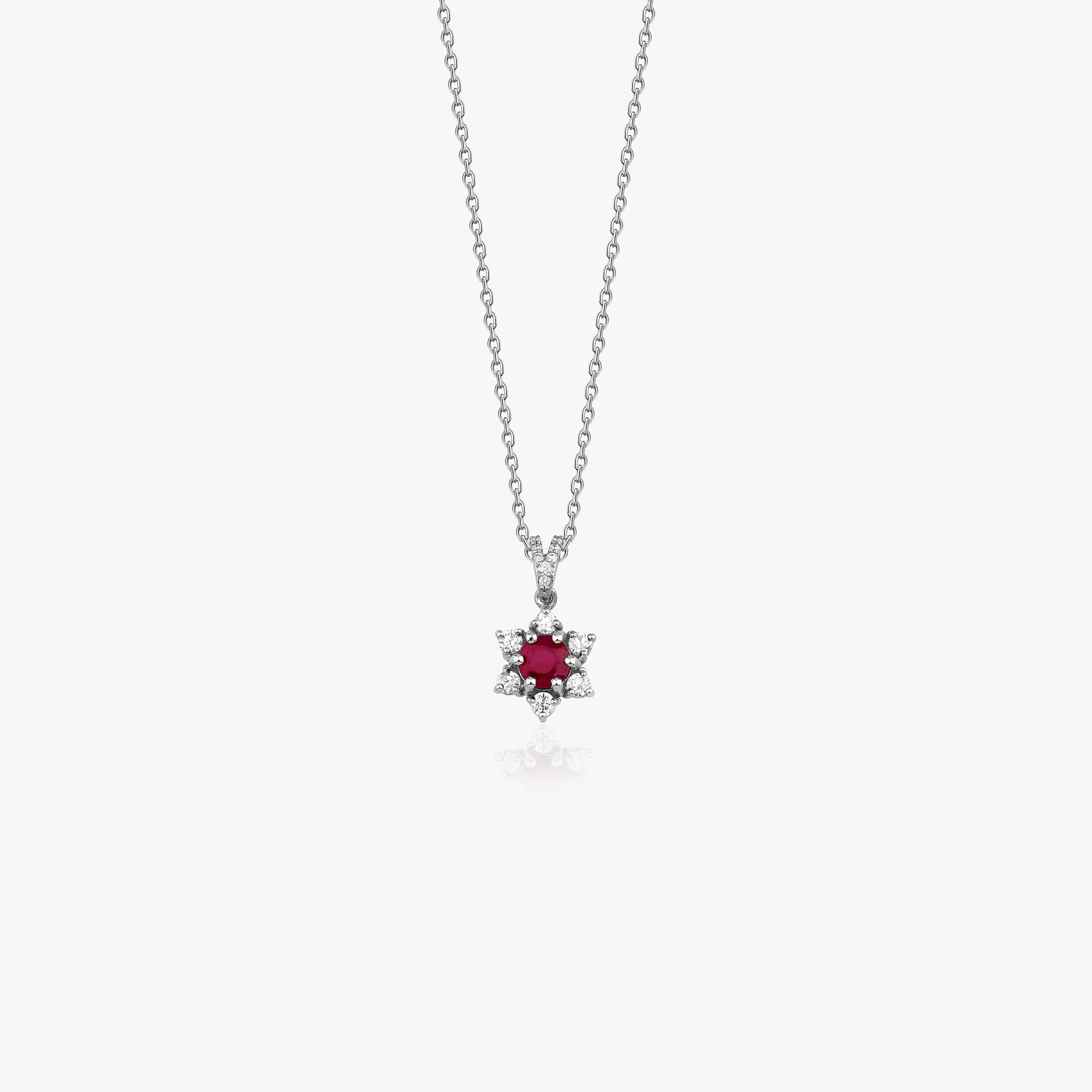 Vintage Style Ruby and Diamond Sirius Star Necklace Available in 14K and 18K Gold
