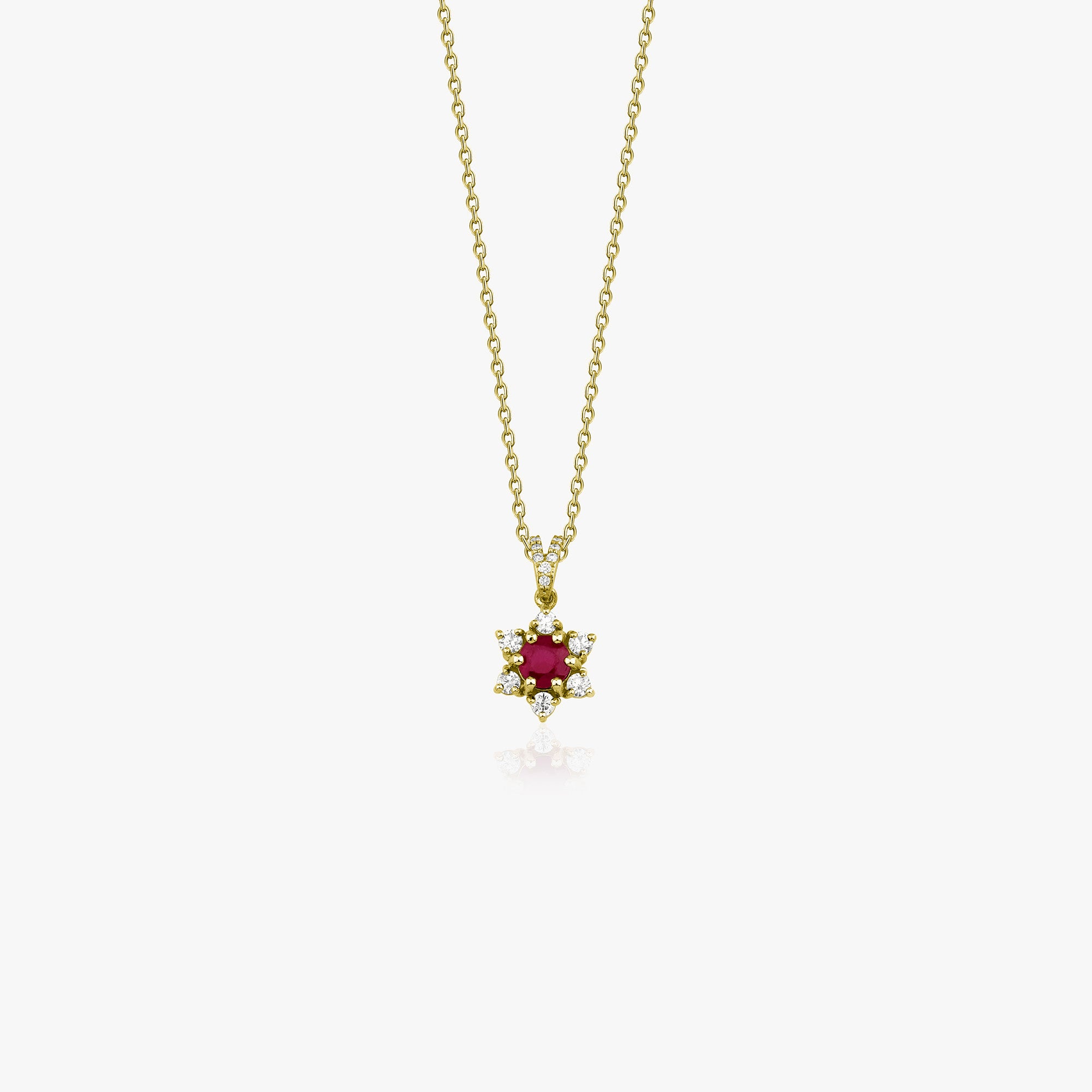 Vintage Style Ruby and Diamond Sirius Star Necklace Available in 14K and 18K Gold