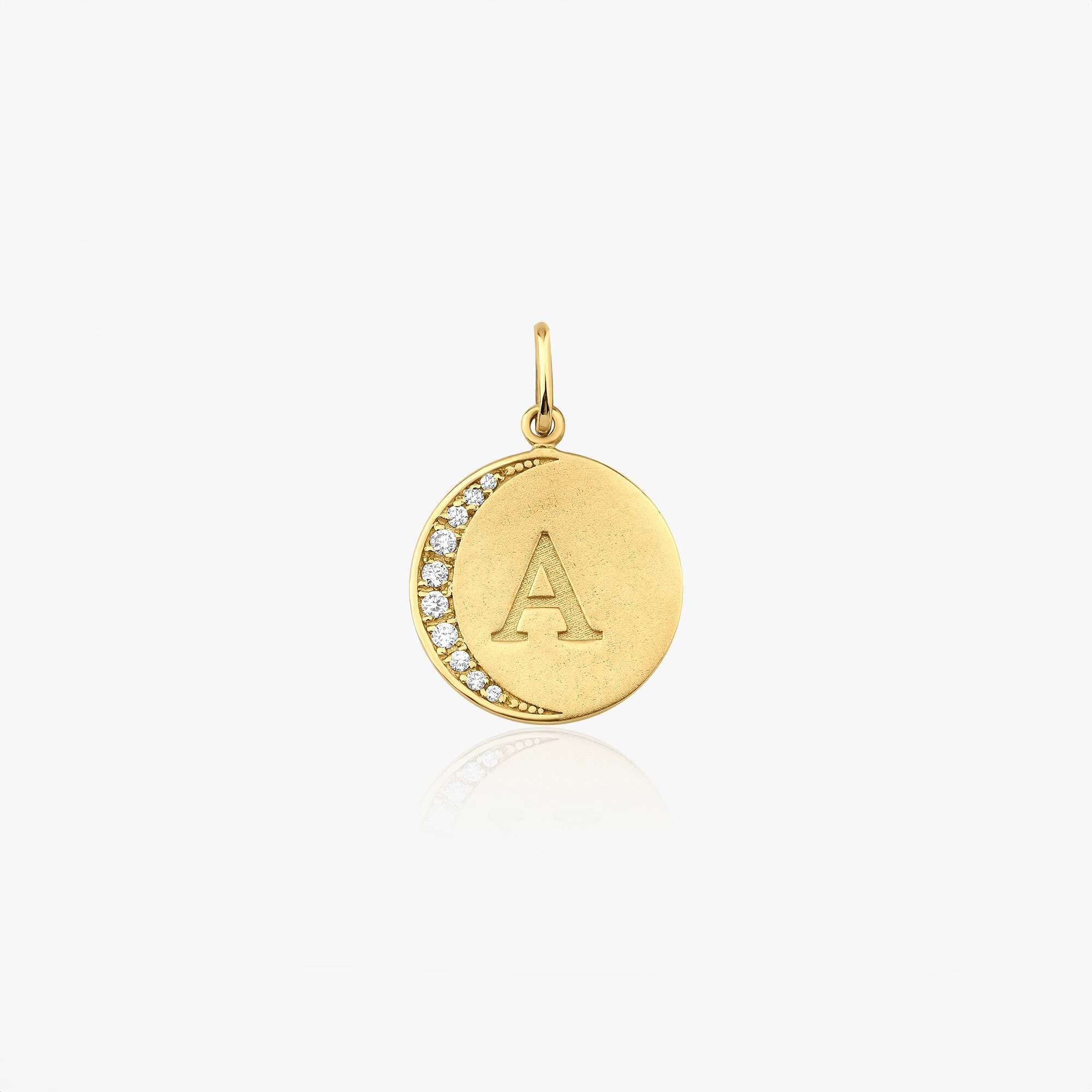 Diamond Crescent Initial Pendant Available in 14K and 18K Gold