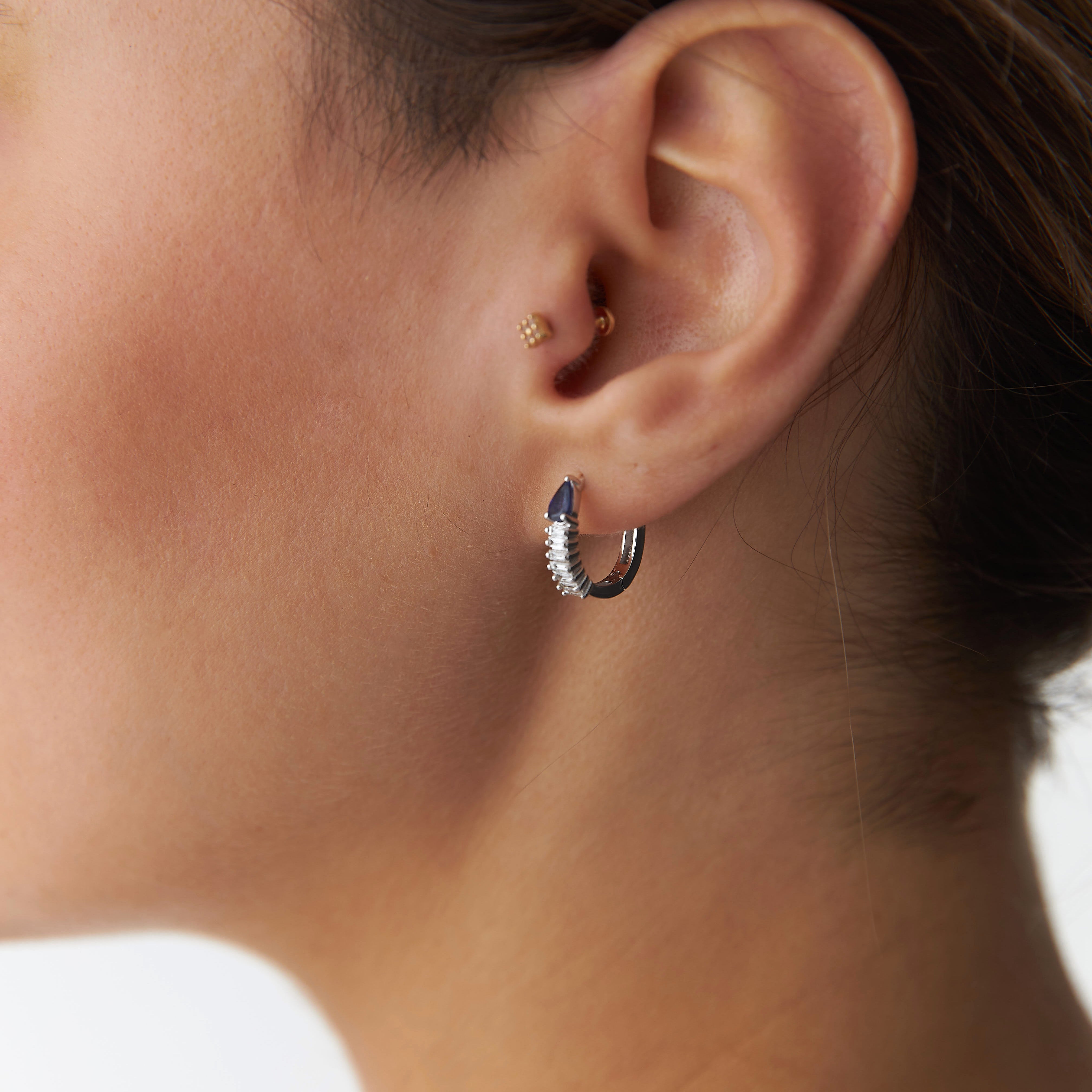 Sapphire Earrings With Baguette Cut Diamonds Available in 14K and 18K Gold