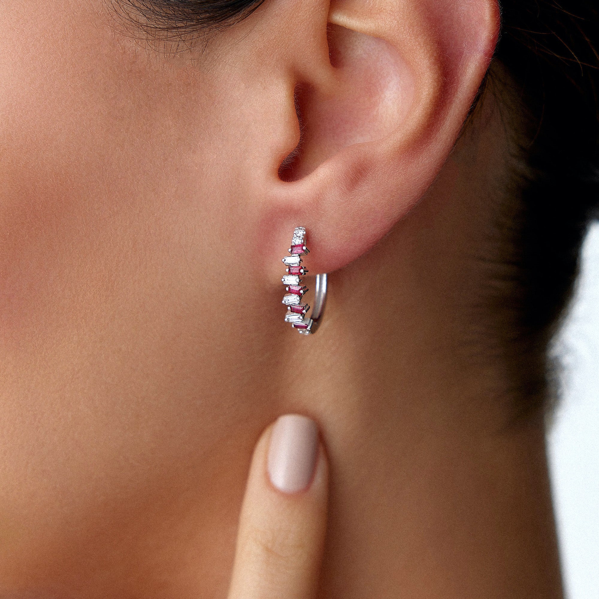 Baguette Cut Ruby and Diamond Hoop Earrings Available in 14K and 18K Gold