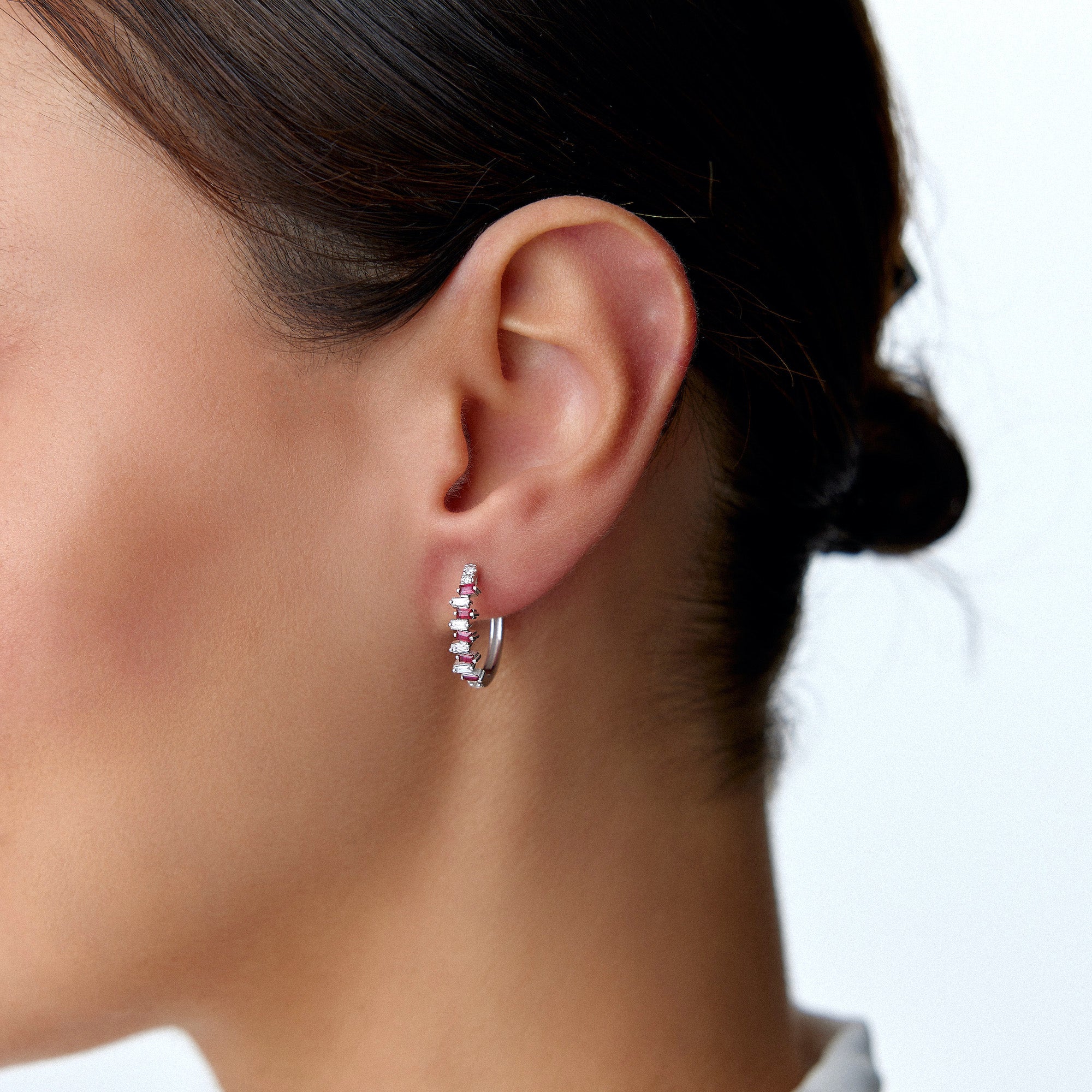 Baguette Cut Ruby and Diamond Hoop Earrings Available in 14K and 18K Gold