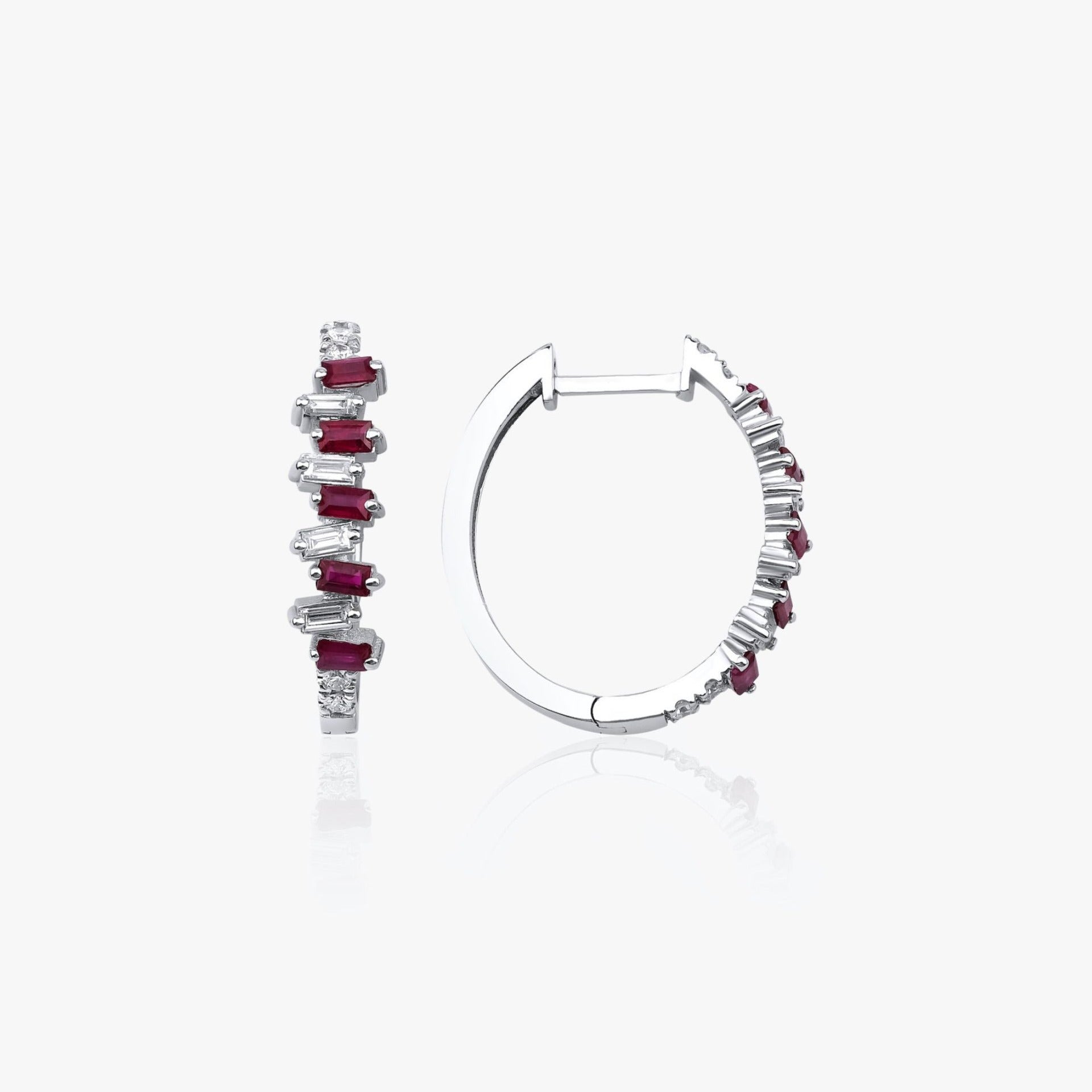 Baguette Cut Ruby and Diamond Hoop Earrings Available in 14K and 18K Gold