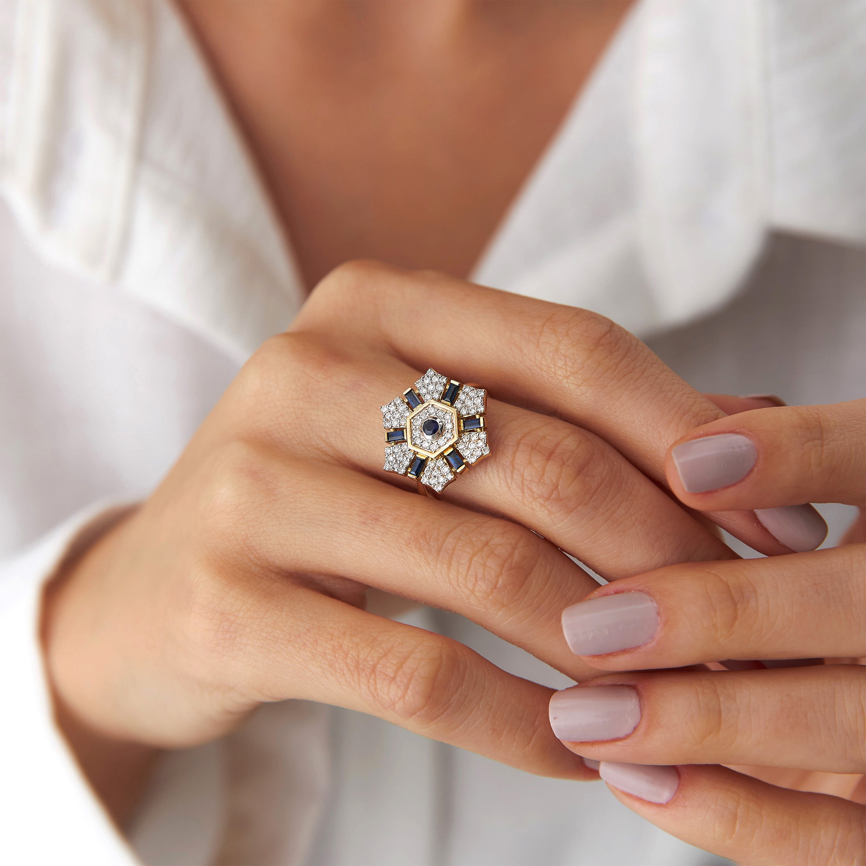 Large Sapphire and Diamond Hexagon Ring in 14K Gold