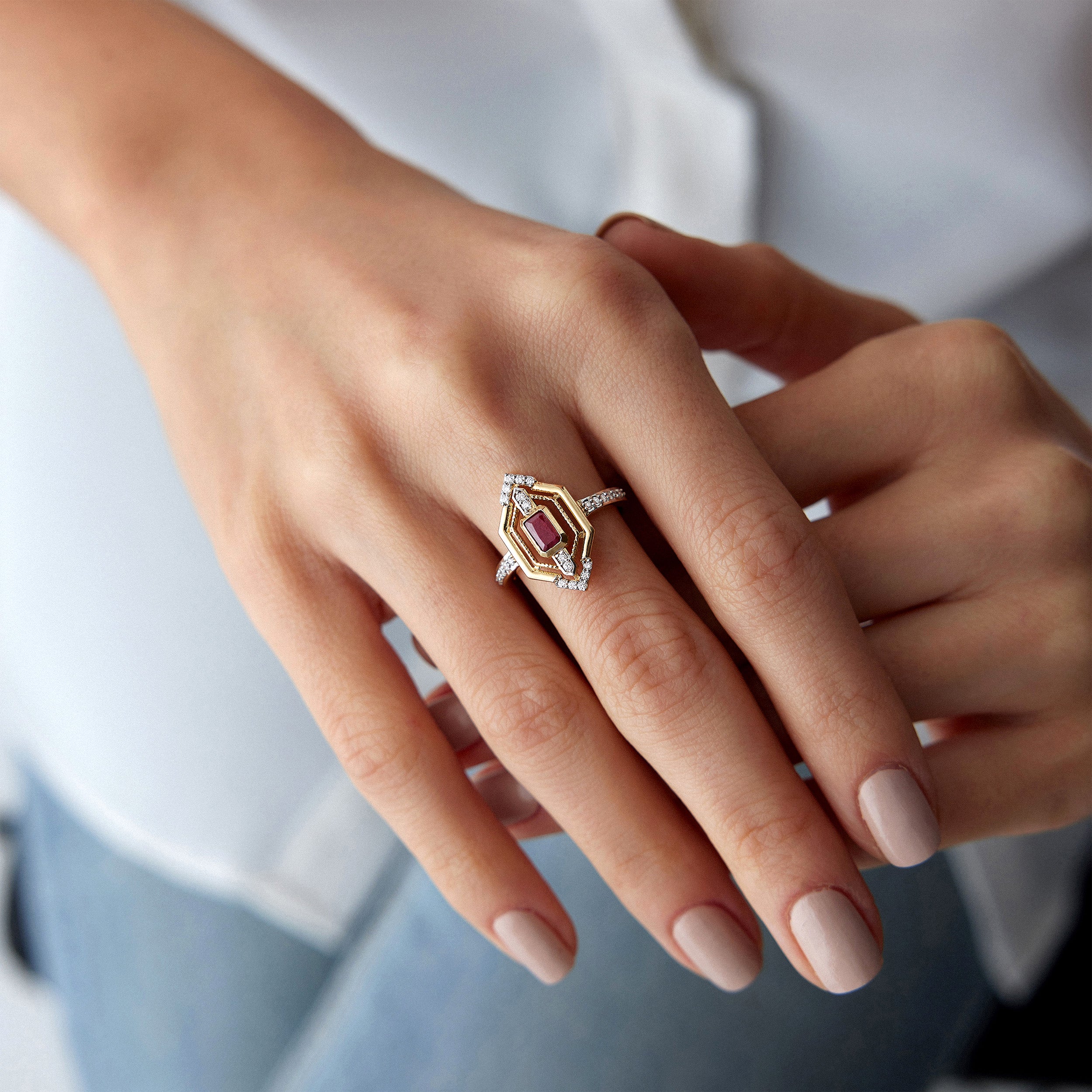 Emerald Cut Ruby and Diamond Ring in 14K Gold