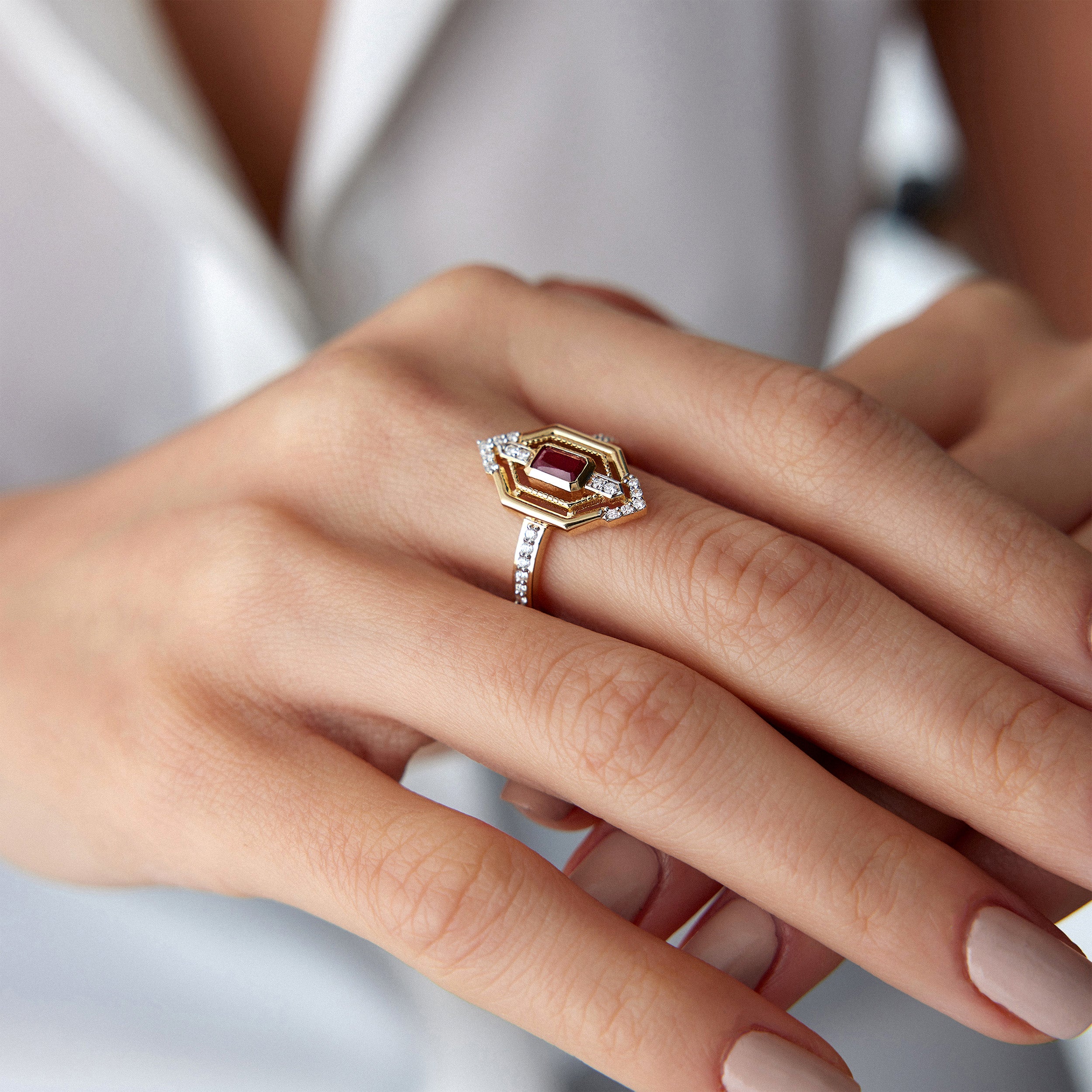 Emerald Cut Ruby and Diamond Ring in 14K Gold