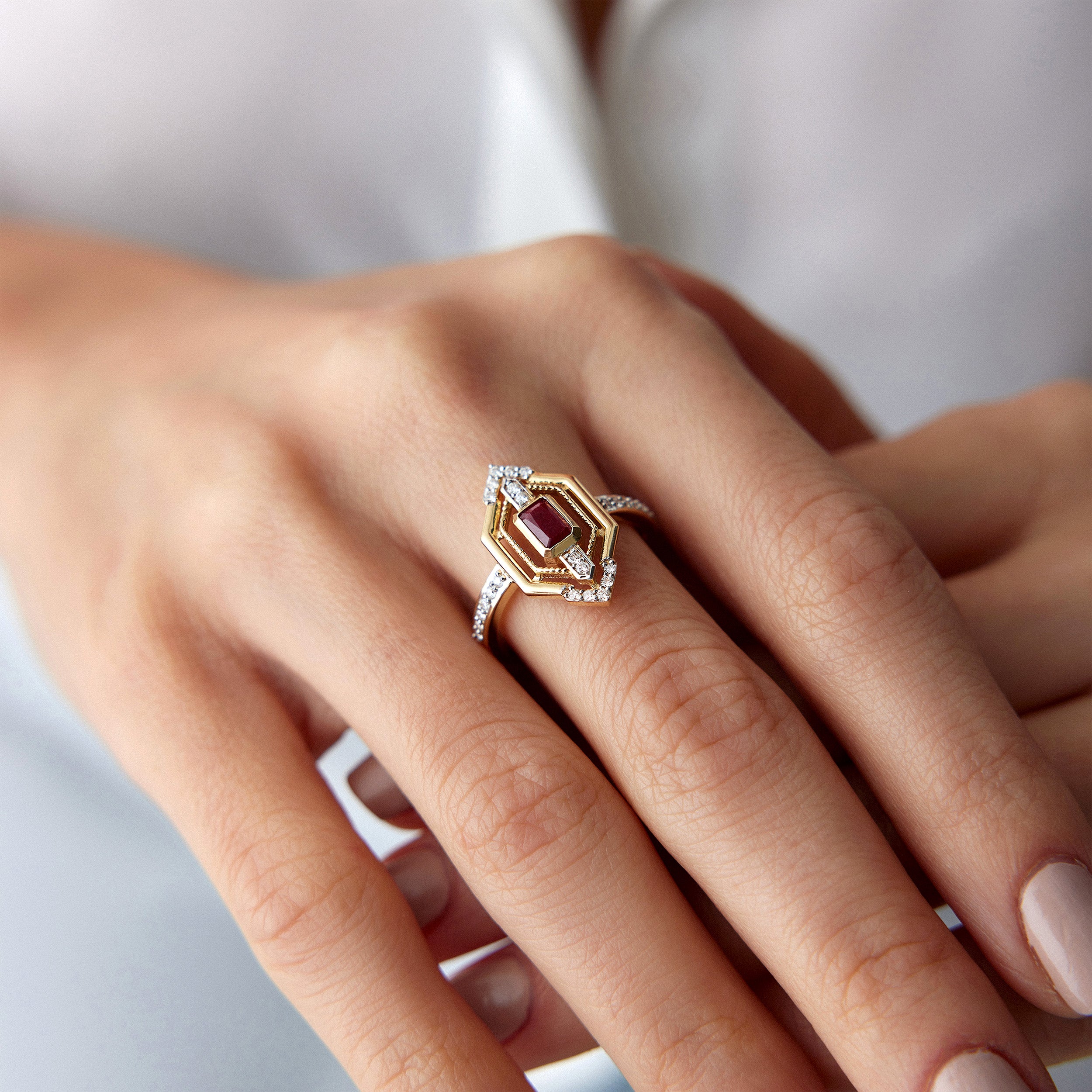 Emerald Cut Ruby and Diamond Ring in 14K Gold